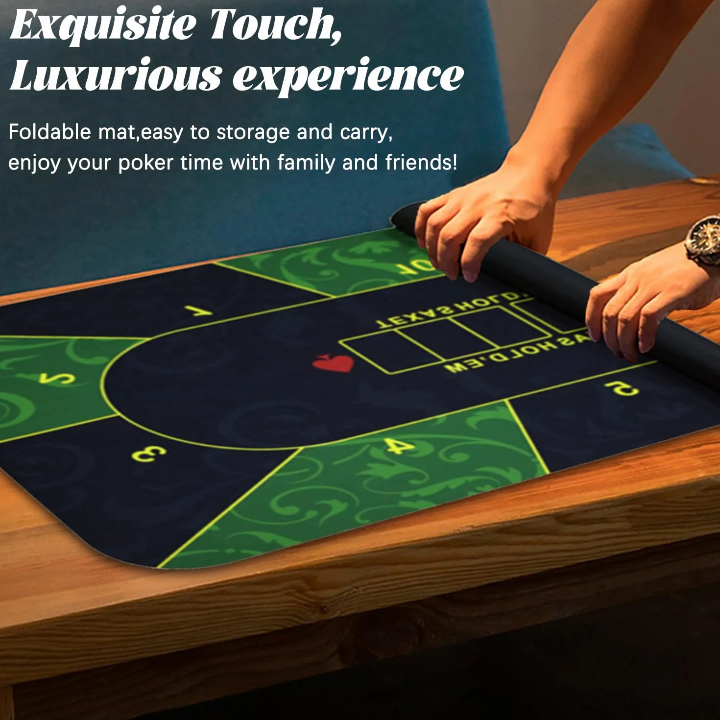 Tappetino da poker, 180 x 90 cm, 10 giocatori Texas Hold'em Poker, in gomma, topper per tavoli, portatile, per giocare a carte, PokerGames, Blackjack, Casinò, con borsa per il trasporto