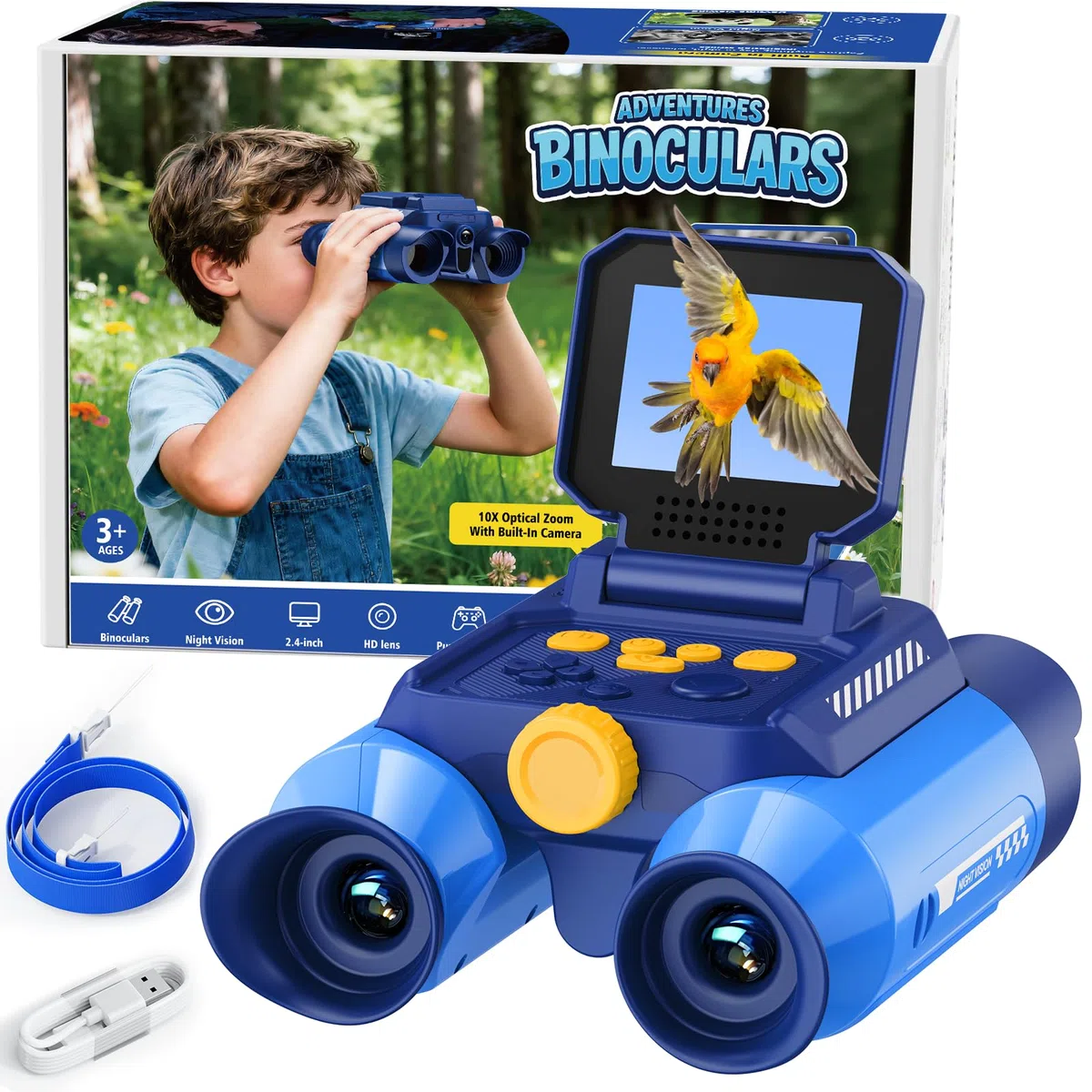 Ashfly Binocolo Digitale per Bambini con Schermo 2,4", Zoom 10x, Giochi Integrati, Modalità Visione Notturna e Fotocamera – Gioco Educativo Esplorazione Natura, 7+ Anni, blu