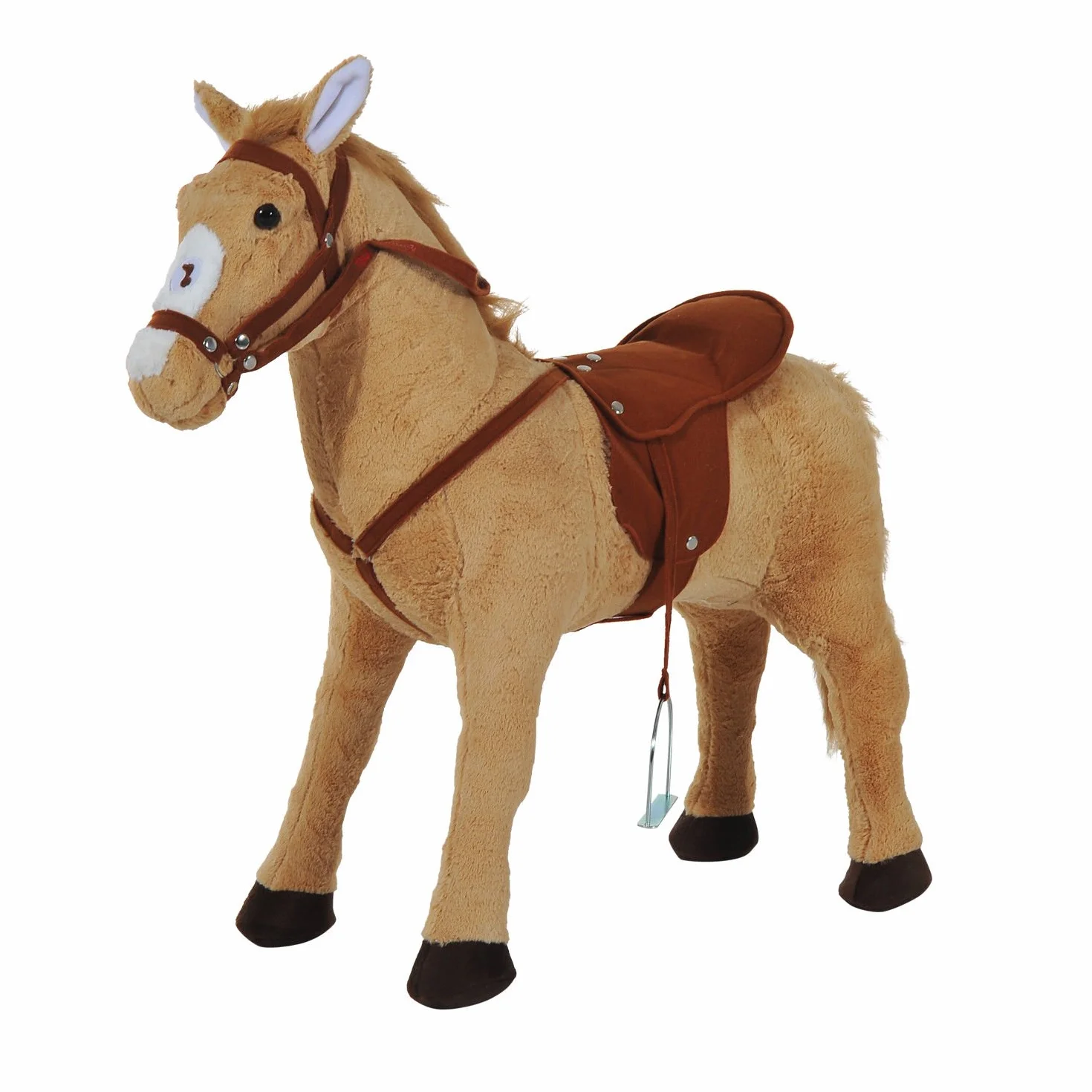 HOMCOM Cavallo Giocattolo con Sella, Briglie e Poggiapiedi, Cavallo Cavalcabile in Peluche, Metallo e Cotone PP, 85x28x60 cm, Beige