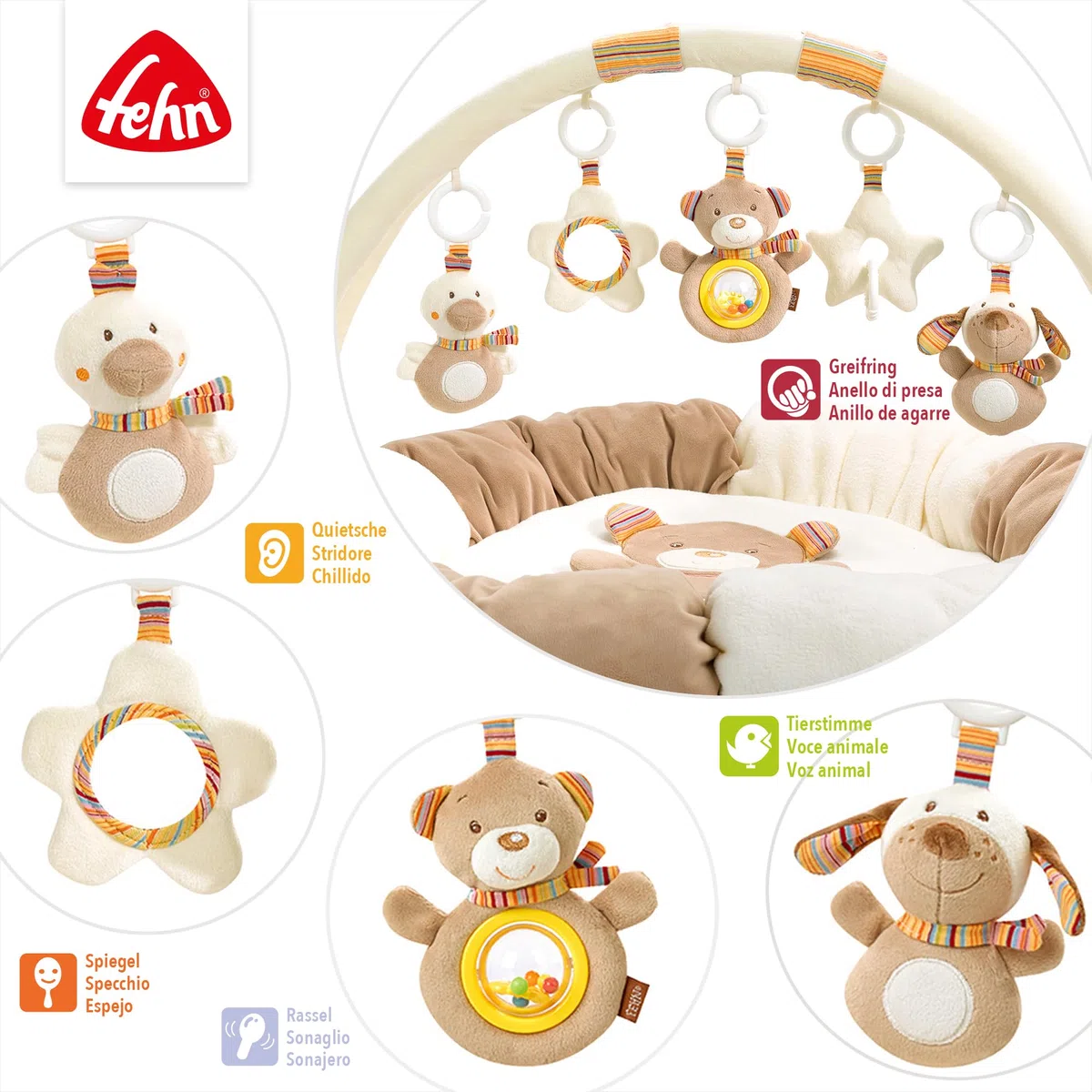 Fehn Nido attività 3D arco di gioco Rainbow - Tappeto da gioco rotondo con 5 giocattoli rimovibili da afferrare - per neonati e bambini a partire da 0+ mesi - come regalo per la nascita