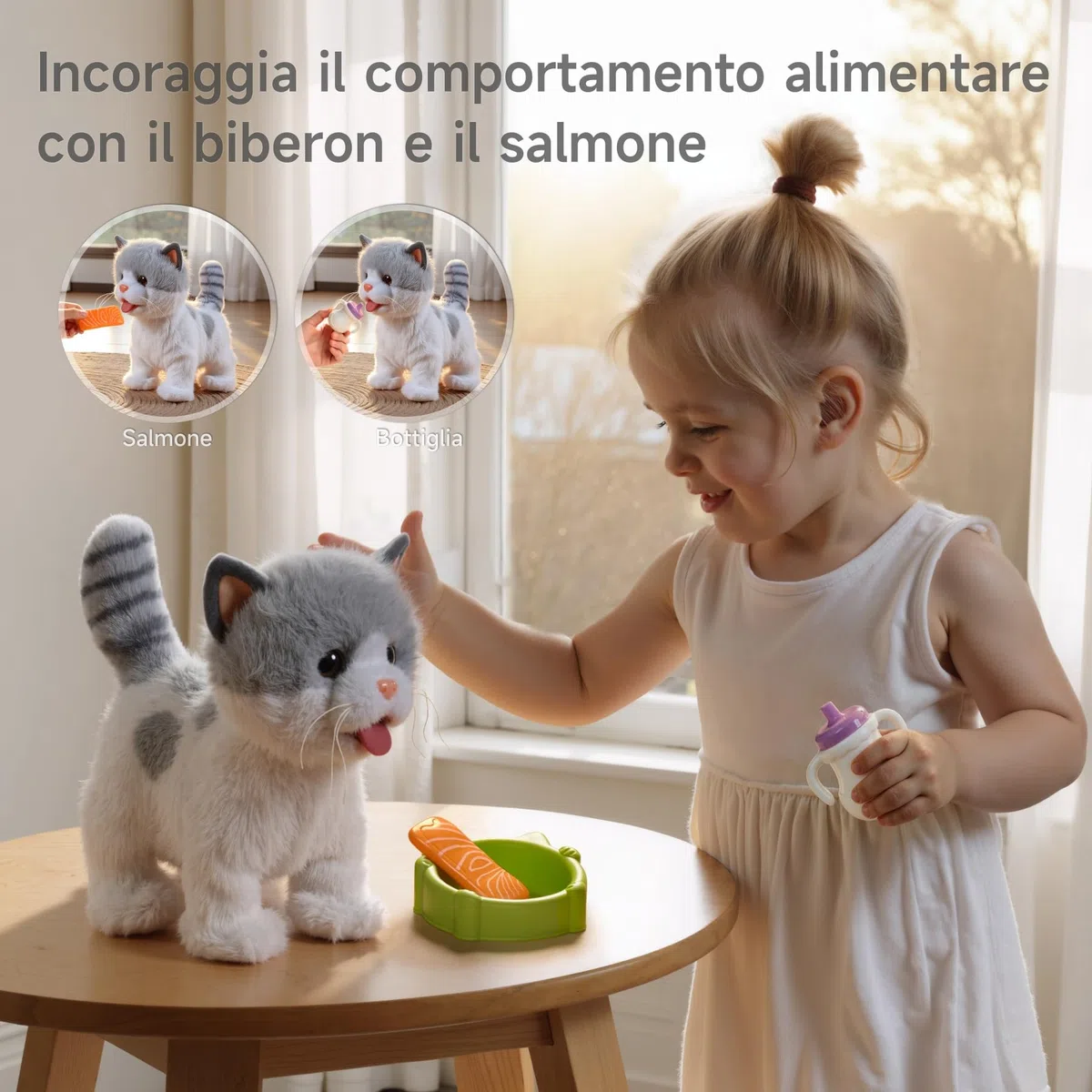 OR OR TU Gatto Giocattolo per Bambini Peluche Elettronico Cammina al Guinzaglio che Lecca Interattivi Realistici 3-7+ anni