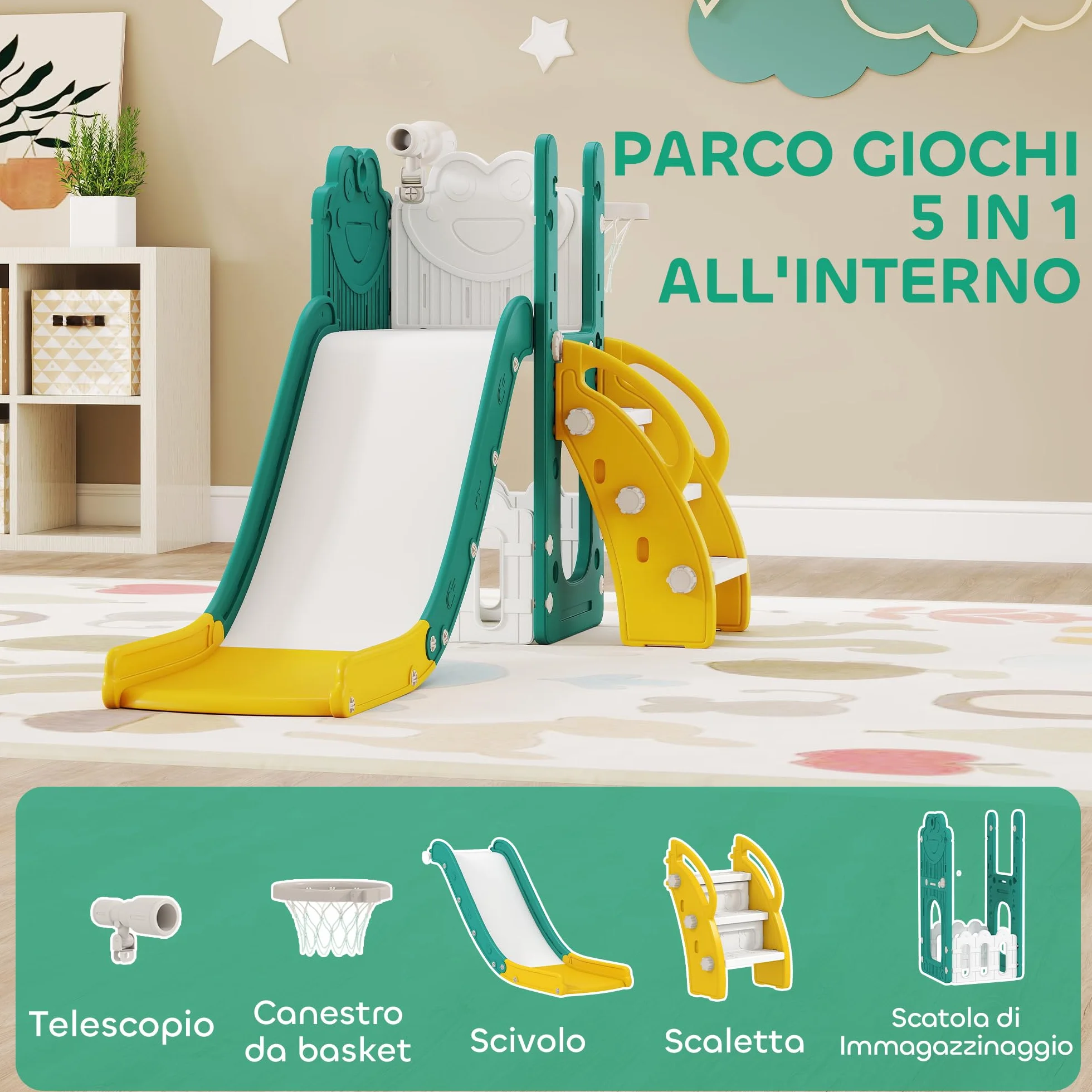 AIYAPLAY Set Scivolo per Bambini 5 in 1 con Canestro, Scaletta, Telescopio Giocattolo e Contenitori, Giochi per Bambini da Interno ed Esterno Età 1-3 Anni, Giallo