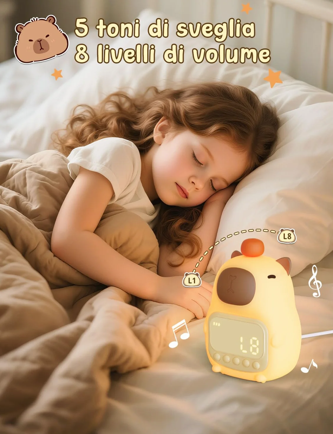 YISSVIC Sveglia per Bambini con 2 Sveglie, Regolazione Volume, Funzione Snooze, 5 Suonerie, Luci Notturne Sveglia Ricaricabile 1800 mAh