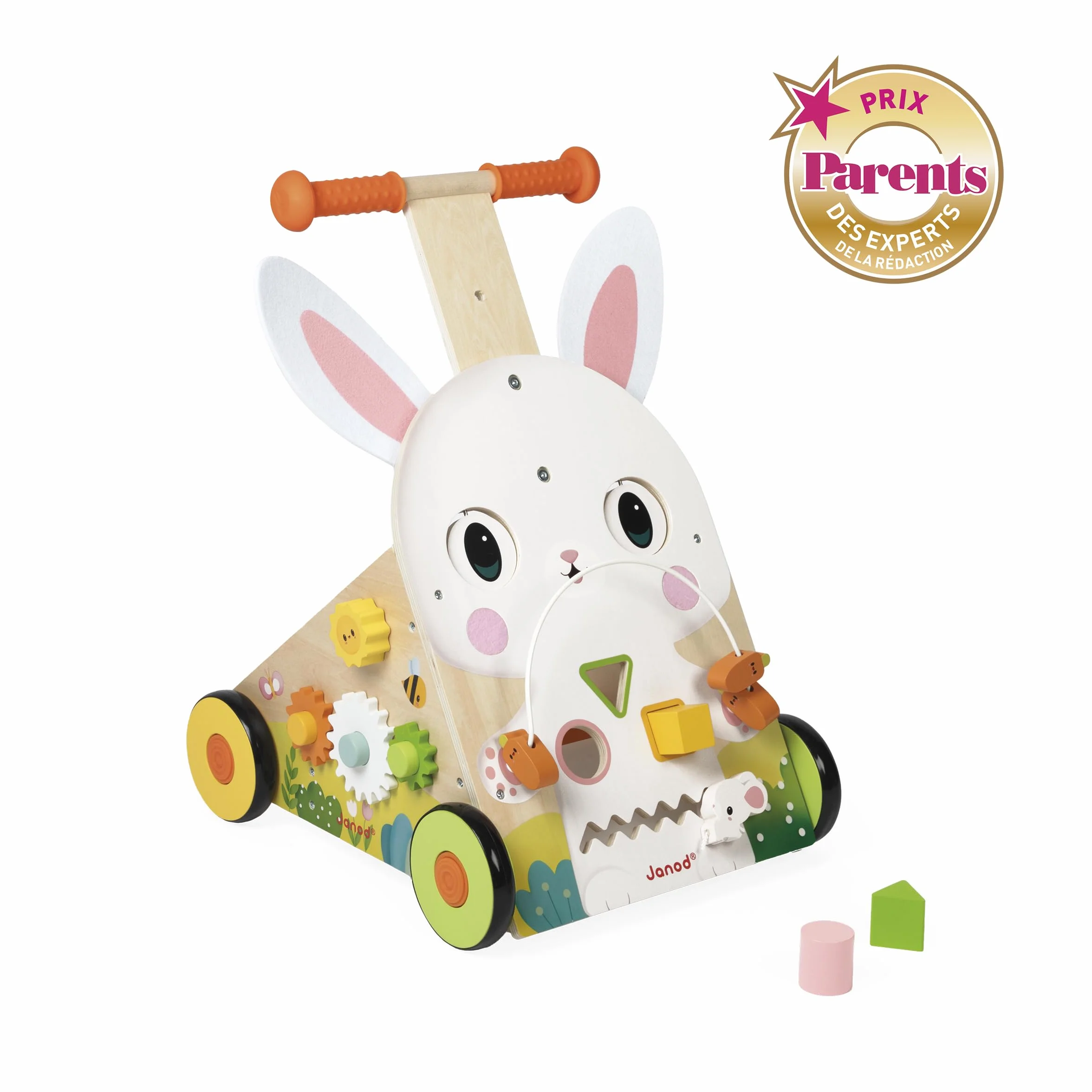 Janod Chariot Multi-Activités Ferme, Carretto di Legno da Spingere, 9 attività, Sistema frenante Brevettato e Ruote silenziose, Giocattolo evolutivo per Bambini, da 12 Mesi, J03326