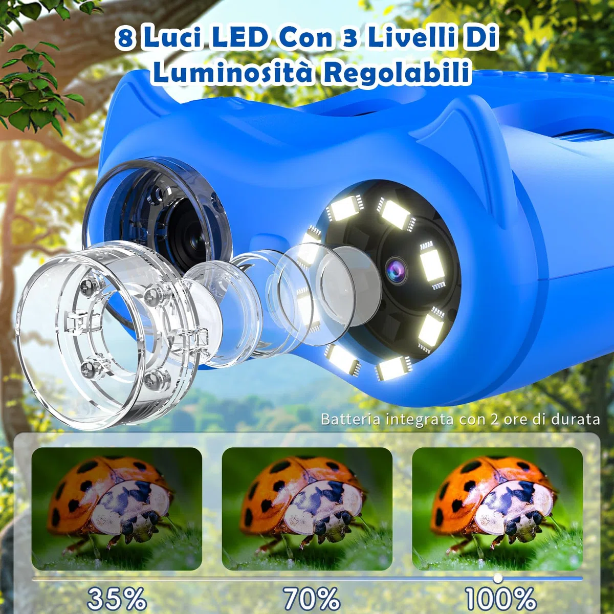 Microscopio Bambini 2 in 1 per Bambini e Binocolo, HD IPS da 2,0", 1000x, 8 LED, 1080P, Microscopi Adatti a Bambini e Bambine dai 3 Anni in Su, Blu