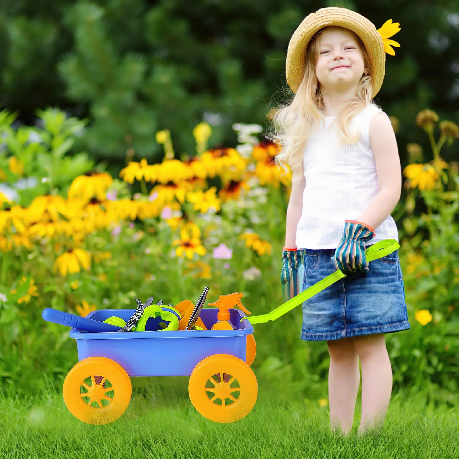deAO Carriola e attrezzi da giardinaggio per bambini, include 10 accessori e 4 vasi per piante