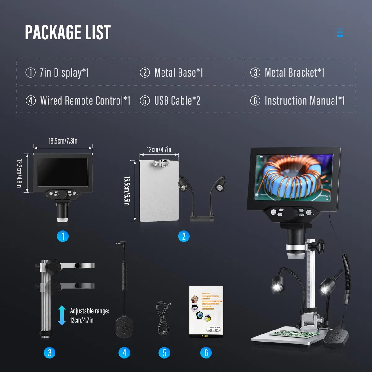 Microscopio Digitale 7 Pollici, Ingrandimento 1200X 12MP Registrazione 1080P con 8 Luci LED Regolabili, Schermo IPS, Connessione PC per Saldatura, Scienza, Istruzione Compatibile con Windows