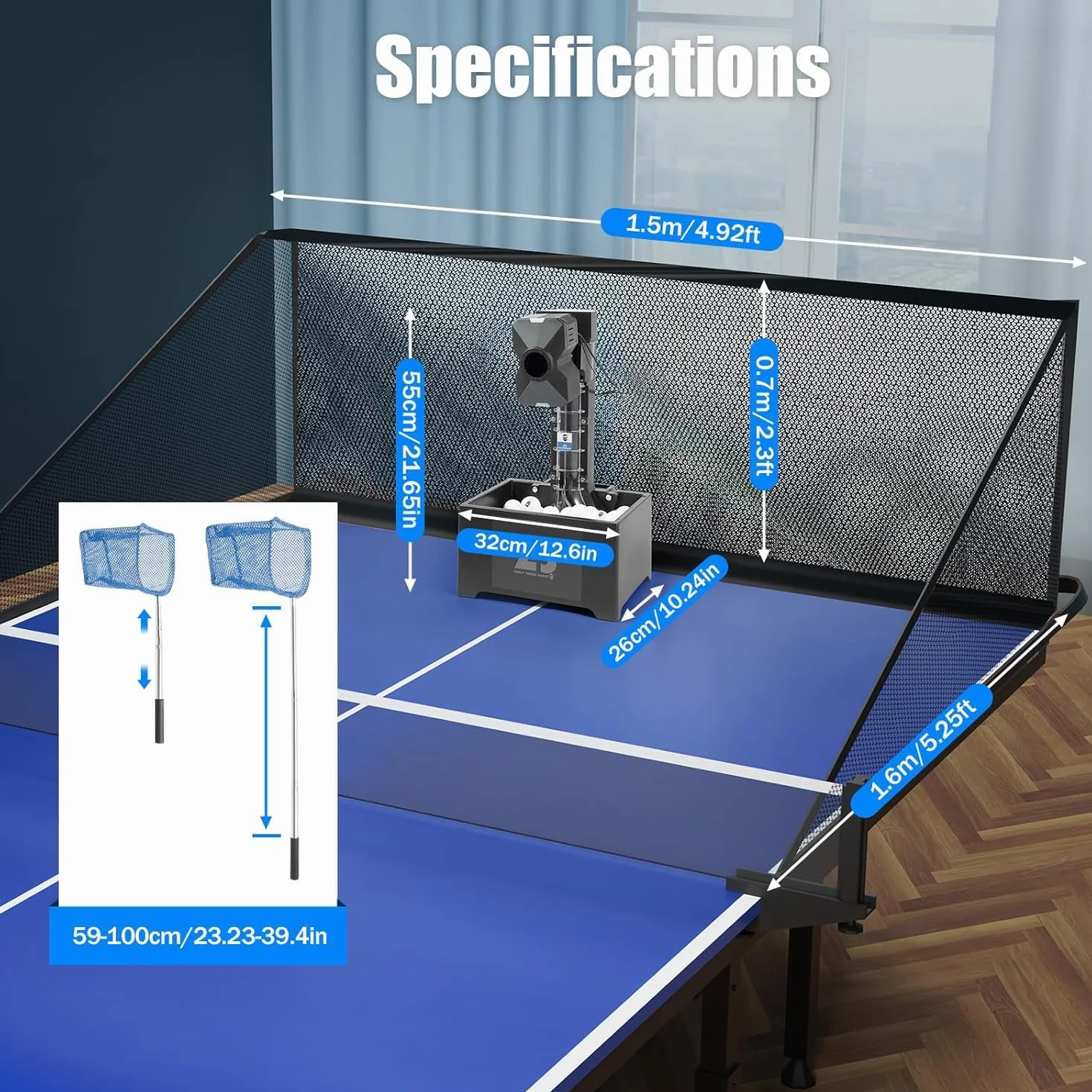 OUKANING Robot da Ping Pong - Macchina Automatica per Allenamento, 10 Modalità, Velocità 4-40m/s, Frequenza 35-90 Palline/min, Capacità 100 Palline, Rete 152x137cm – Per Scuole e Sport