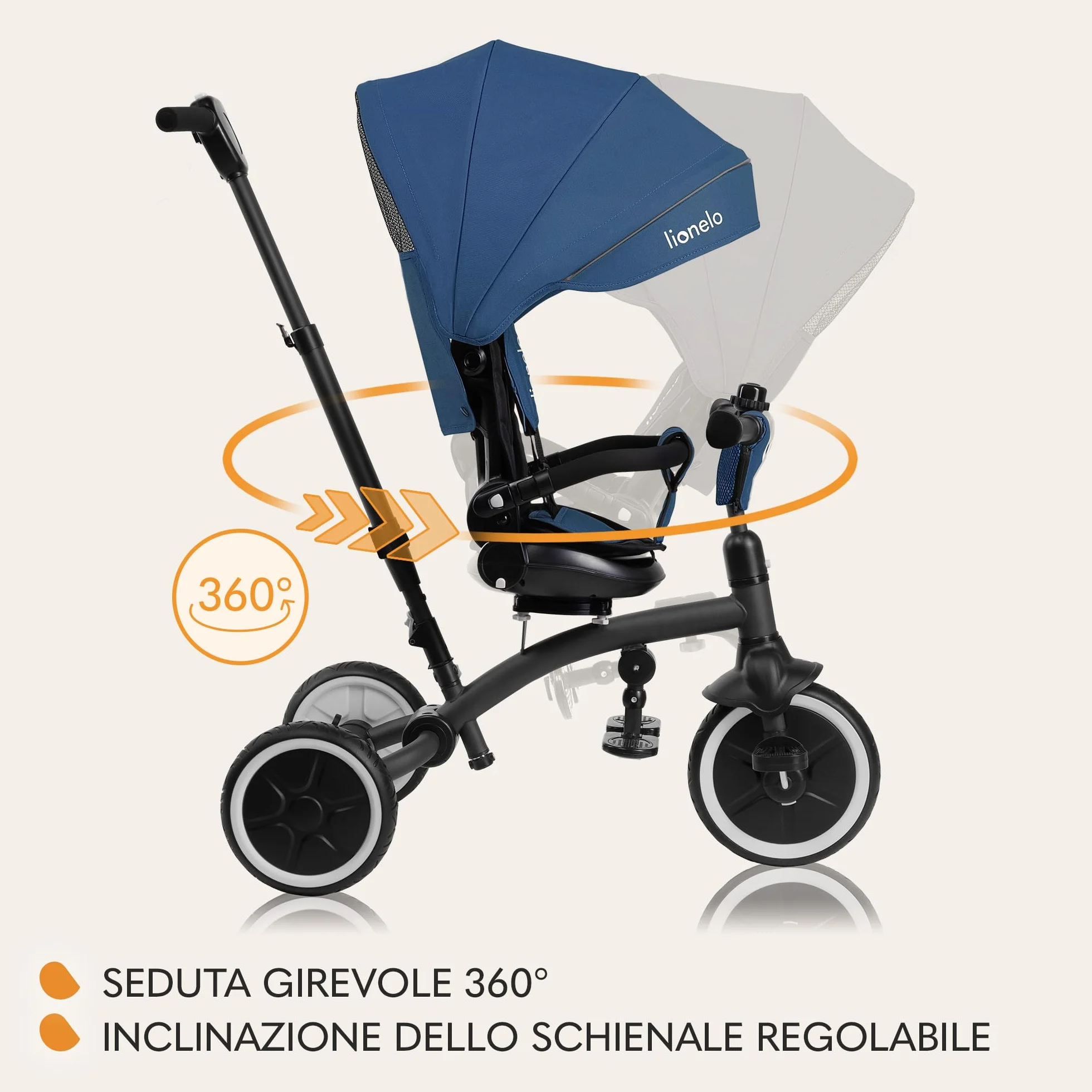 LIONELO Tris Plus 2in1 Bicicletta Triciclo e Passeggino pieghevole per bambini da 9 mesi fina a 25kg Sedia 360gradi Fronte Mamma o Strada Bici regolabile e compatta Borsa Portabibite Ruote PU (Blue)