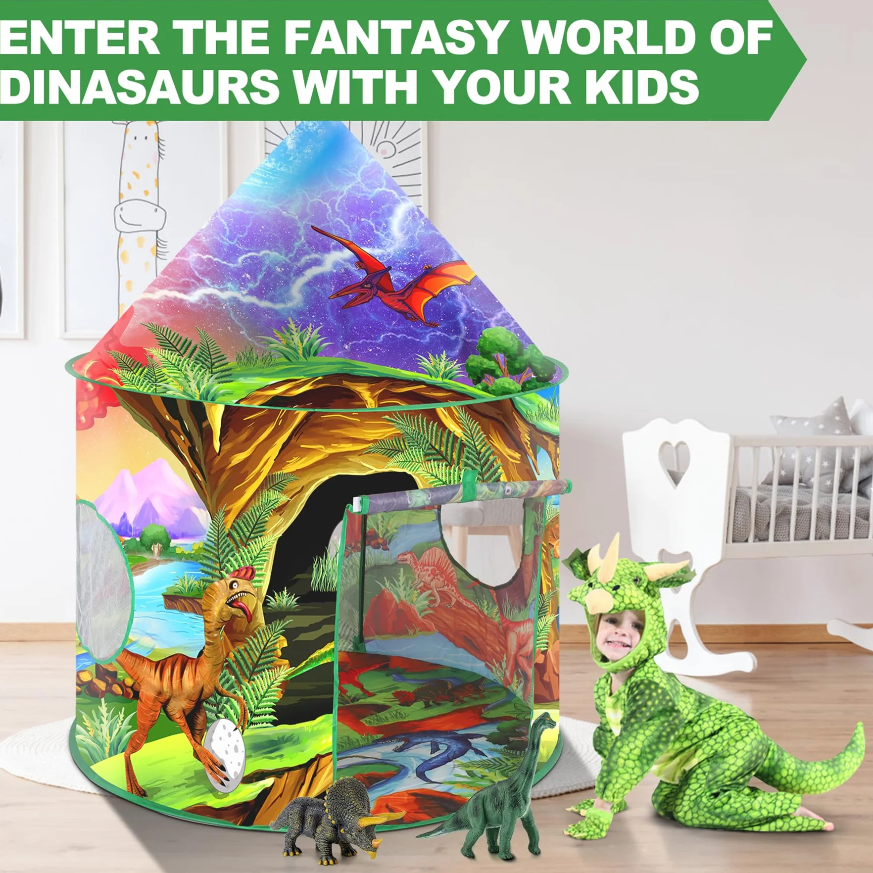 Dinosauro Tenda per Bambini Casetta Bambina Bambino Pop Up Capanna per Bambini Esterno Interno Portatile con Dinosauri Adesivi Casette Giochi Bambini
