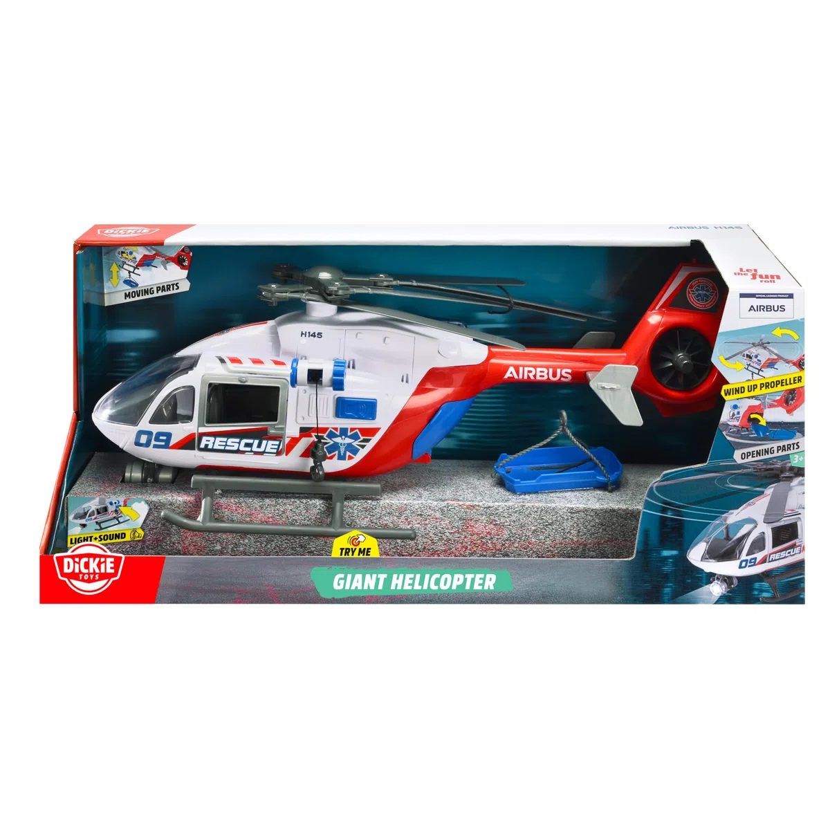 Dickie Toys - Airbus H145 Elicottero Giocattolo 1:24 con Luci e Suoni, Verricello Manuale, Portiere e Portellone Apribili, 54 cm, +3 anni, 203719035