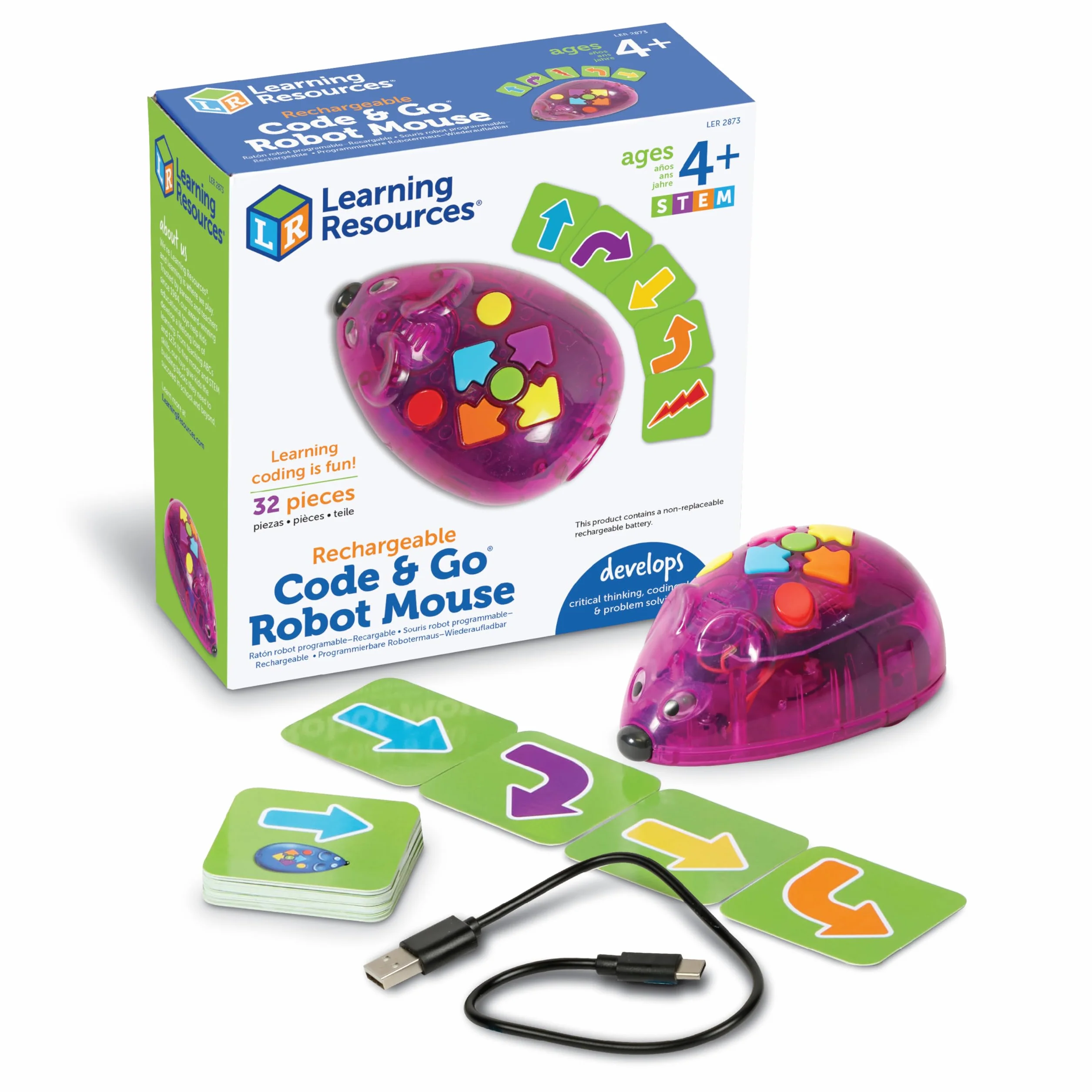 Learning Resources Set di attività Ricaricabile Code & Go Topo Robot, Giocattoli per Bambini e Bambine di 4 Anni, Robot Programmabile Interattivo Senza Schermo