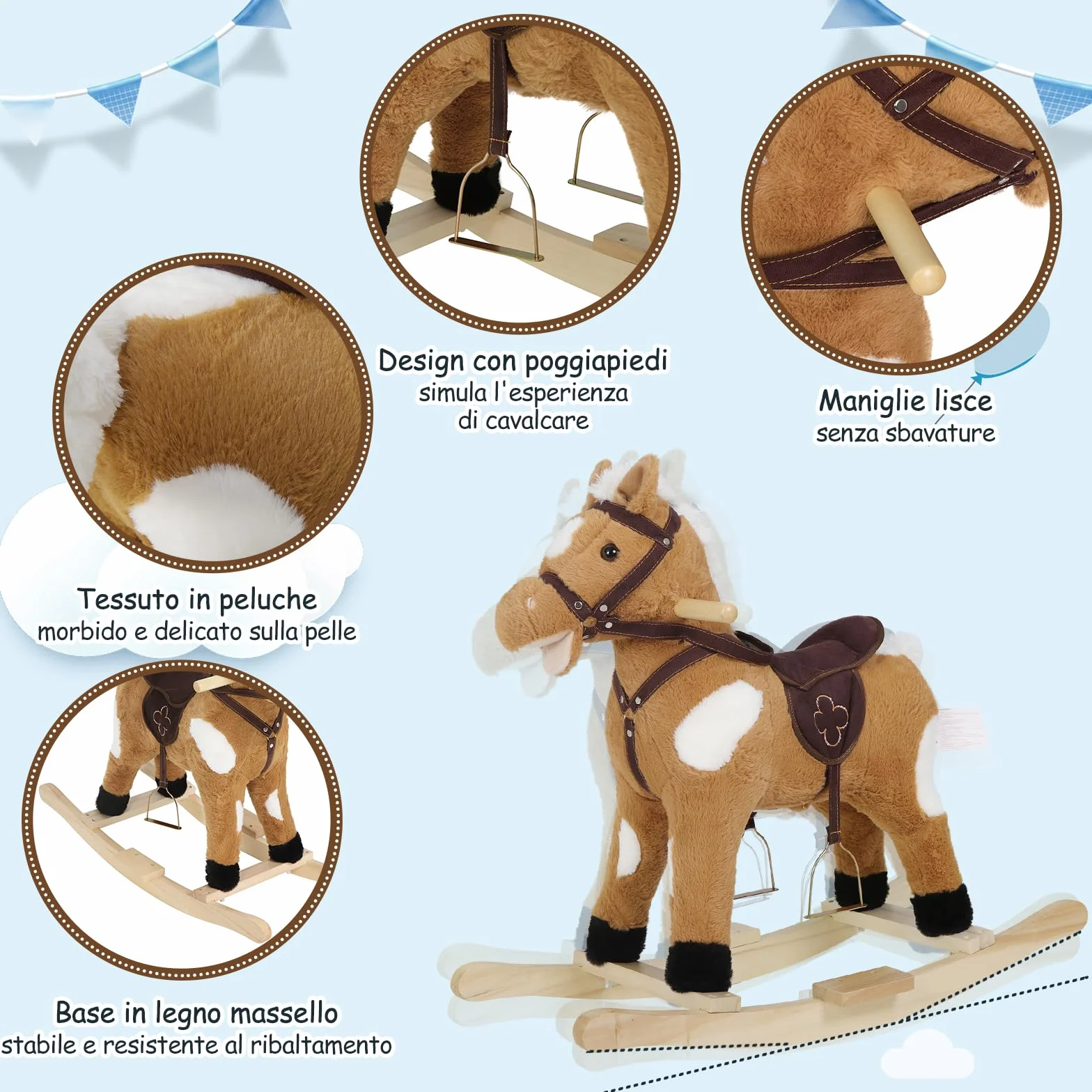 WOLTU Cavallo a Dondolo in Legno per Bambini, Cavalluccio Cavalcabile in Peluche con Suoni, Giocattolo Regalo per Bimbi 1/2/3 Anni, Marrone e Bianco