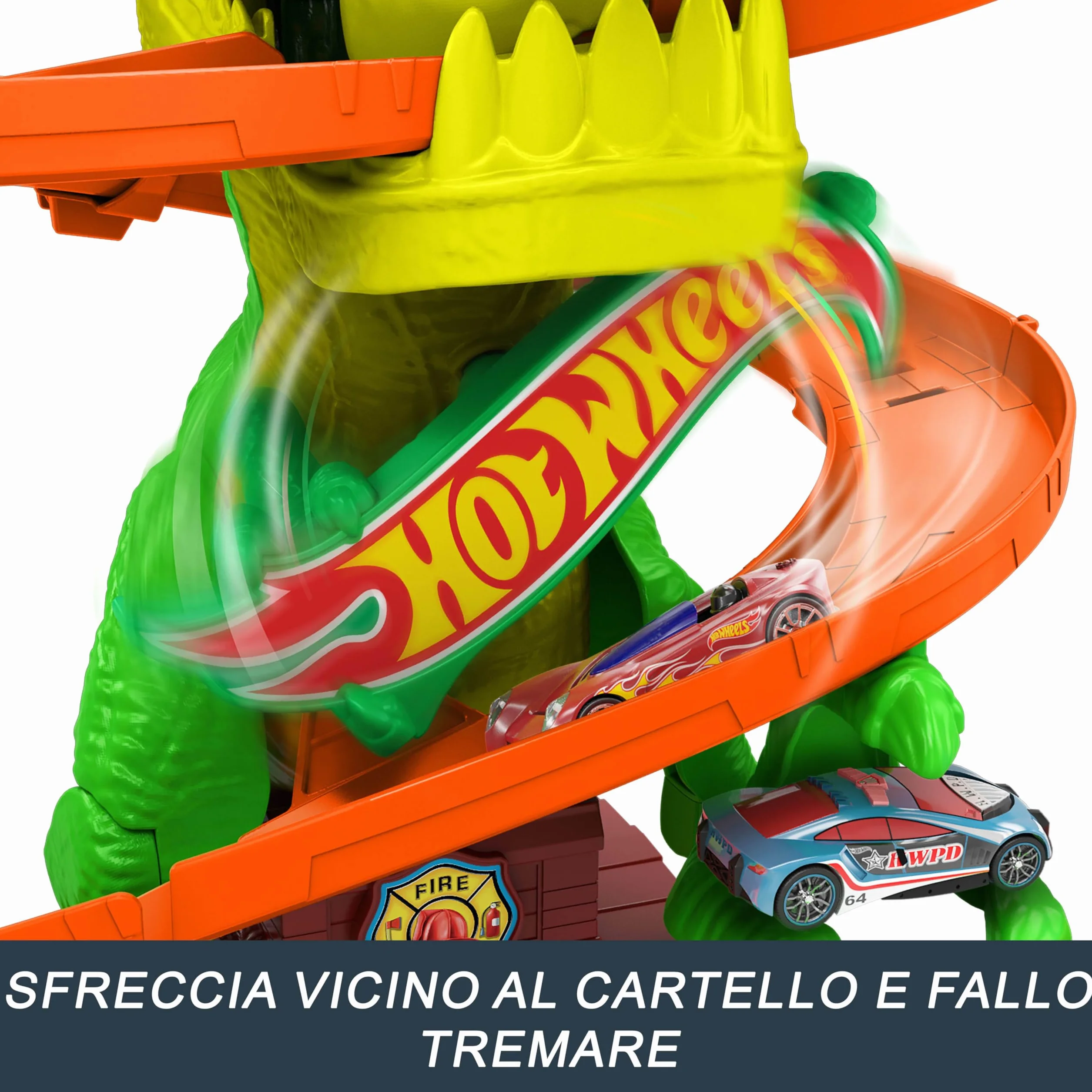 Hot Wheels City - T-Rex Battaglia Infuocata, playset stazione dei pompieri con dinosauro occhi rotanti e pista per gareggiare, camion dei pompieri incluso, giocattolo per bambini, 4+ anni, JBM73