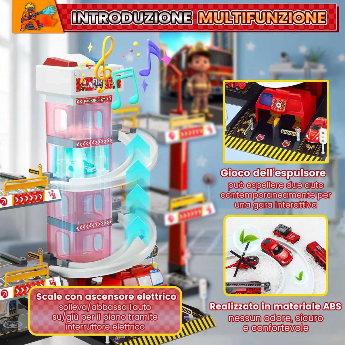 BuzzoXerex 5 Piani Garage Mmacchine per Bambini, Parcheggio Macchinine con 14 Autos e 2 Elicottero, Giocattolo Auto Garage con Ascensore e Rampe, Idea Regalo per Bambini 5 6 7 8 9 Anni (Rosso)