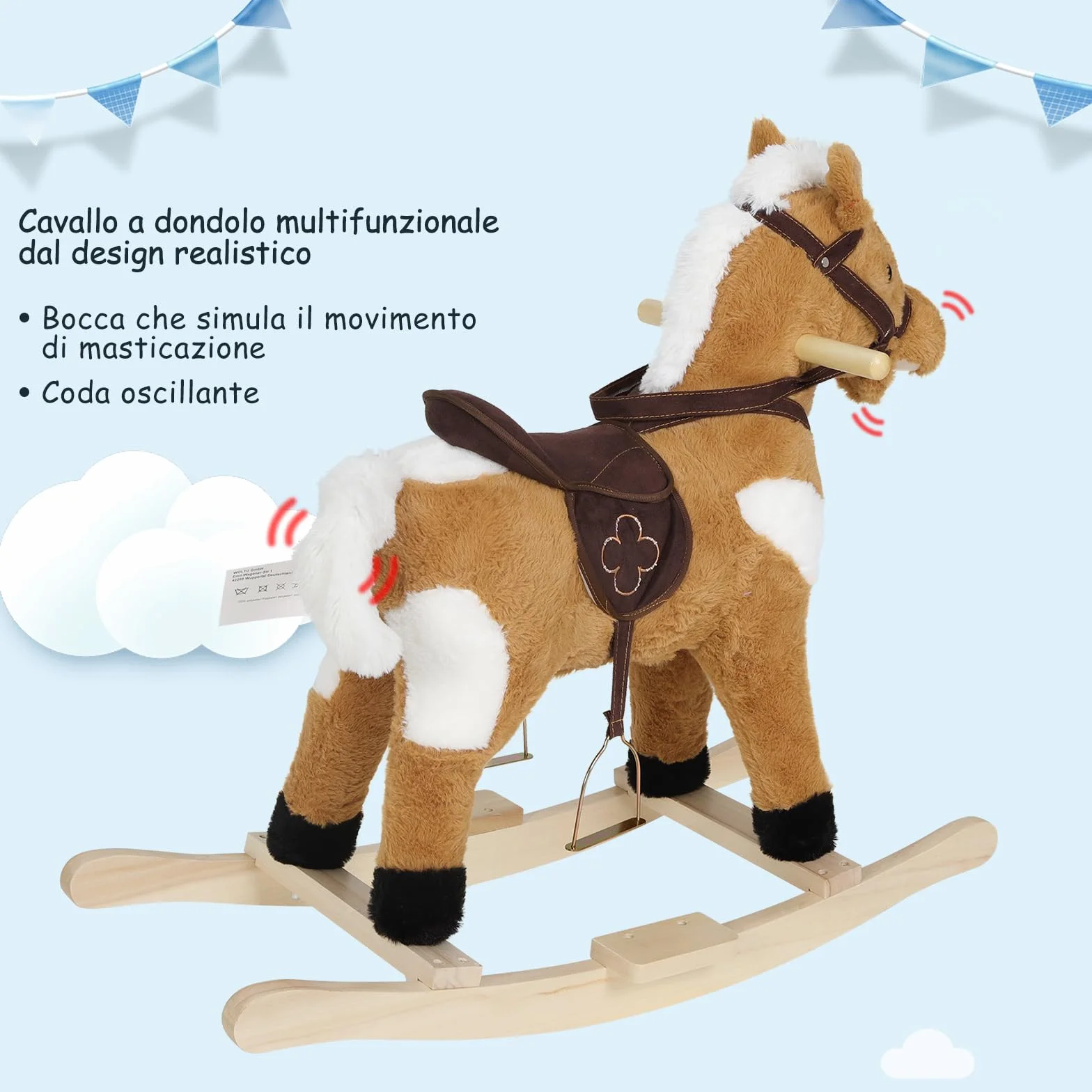 WOLTU Cavallo a Dondolo in Legno per Bambini, Cavalluccio Cavalcabile in Peluche con Suoni, Giocattolo Regalo per Bimbi 1/2/3 Anni, Marrone e Bianco