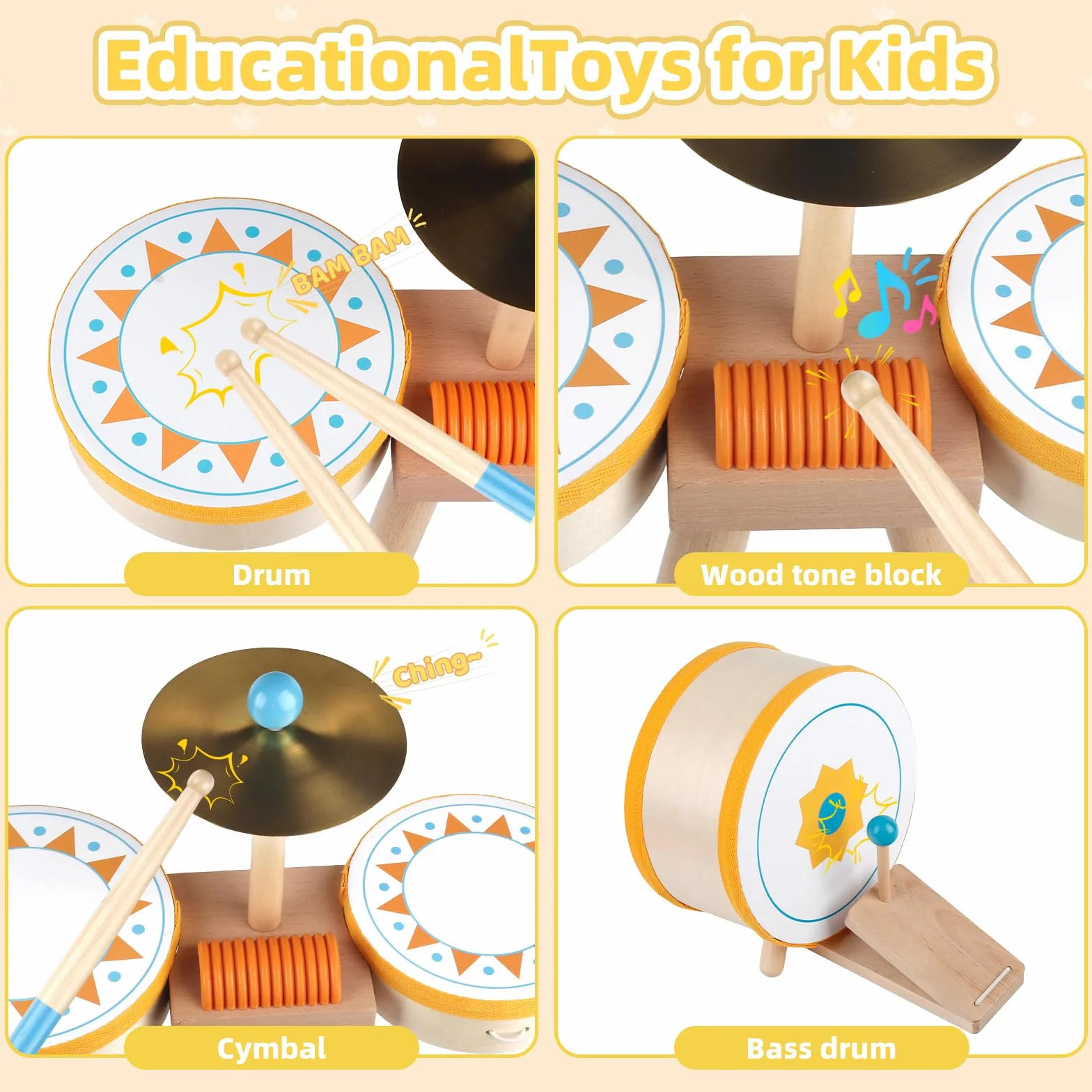 Tamburo Montessori per Bambini 1+ Anno | Set di Tamburi Educativi in Legno per Bambini 1-3 Anni | Strumenti Musicali per Neonati, Regalo Perfetto per Compleanno/Natale per Ragazzi e Ragazze