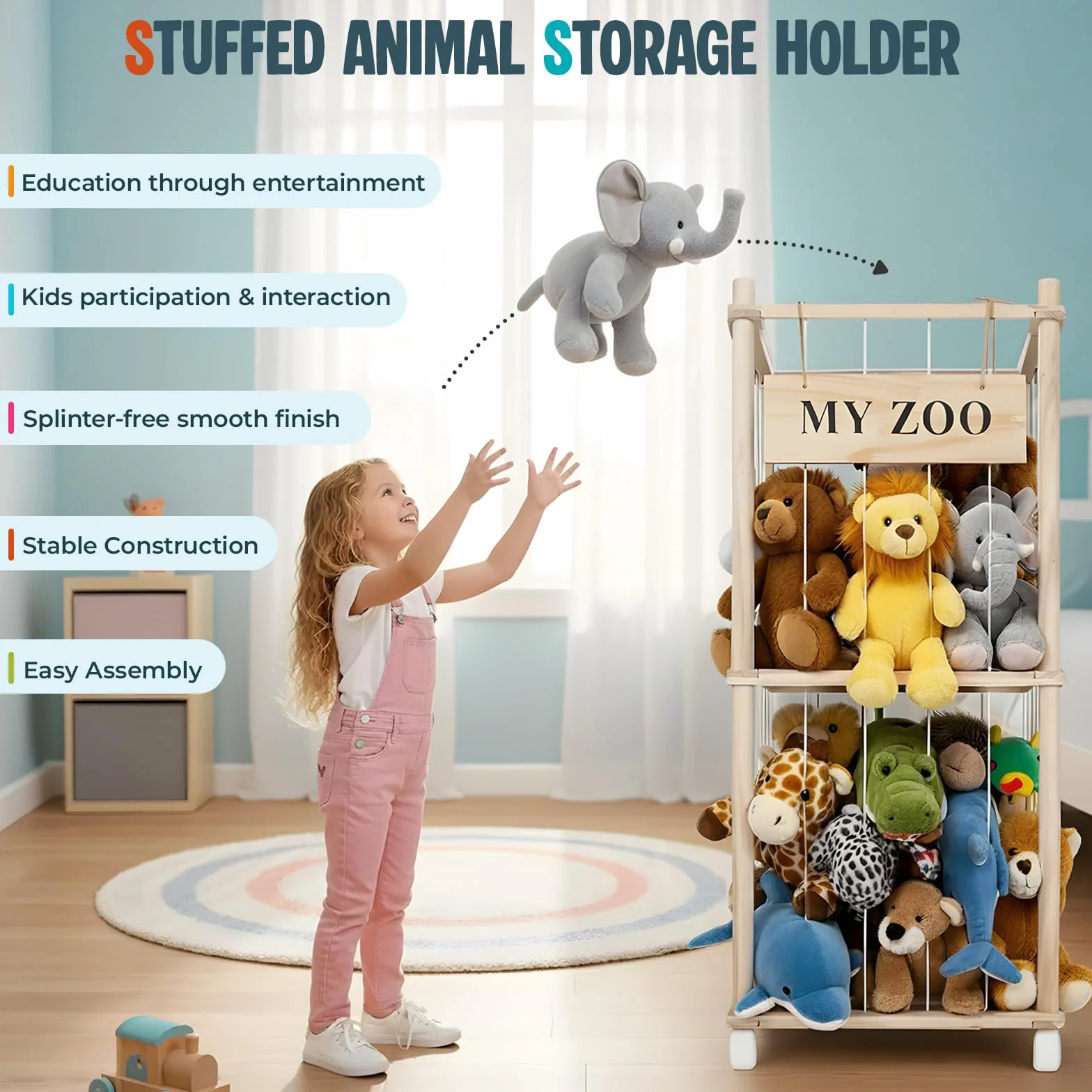 Porta Peluche Verticale a 2 Ripiani, Portapeluche con Ruote Frenate a 360°, Organizer per Animali di Peluche e Giocattoli, per Camera dei Bambini, Sala Giochi, Soggiorno, 95 x 40 x 40 cm