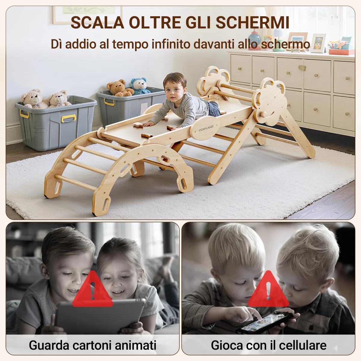 COSYLAND Triangolo di Pikler Regolabile 3 Livelli con Scivolo 8 in 1 per Bambini 18M-6Y Naturale