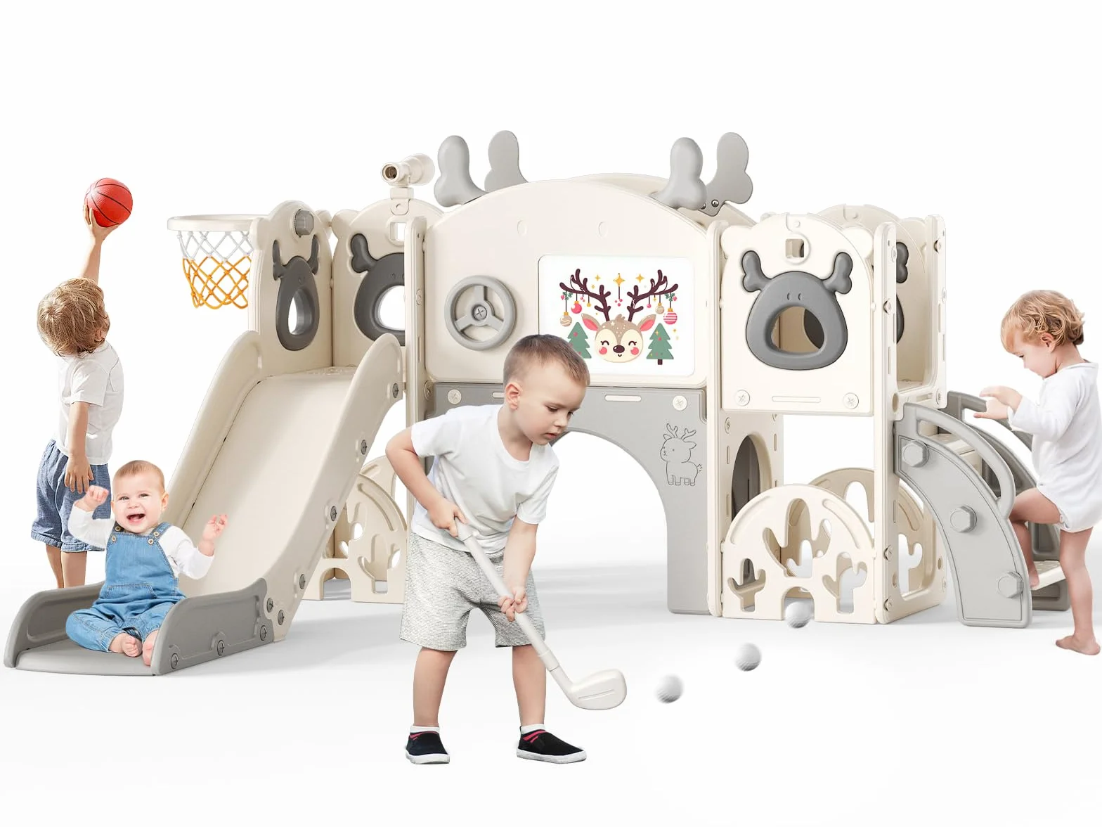 Scivolo per bambini con cerchio da pallacanestro, scivolo a tema Alce, parco giochi al coperto e all'aperto, kit da gioco per arrampicata indipendente con scivolo per bambini (beige grigio-7 in 1)