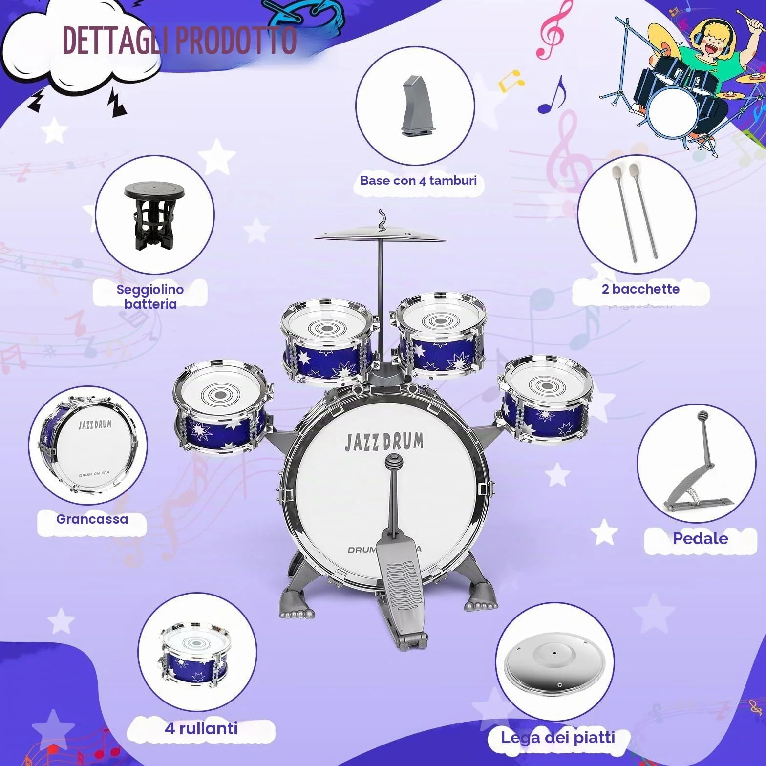 Upgrade Giocattolo Batteria Bambini 2-4 Anni Kit Batteria Jazz per Bambini con Sgabello, Giocattolo Strumento Musicale per Ragazze Ragazzi di 3 4 5 Anni Regalo