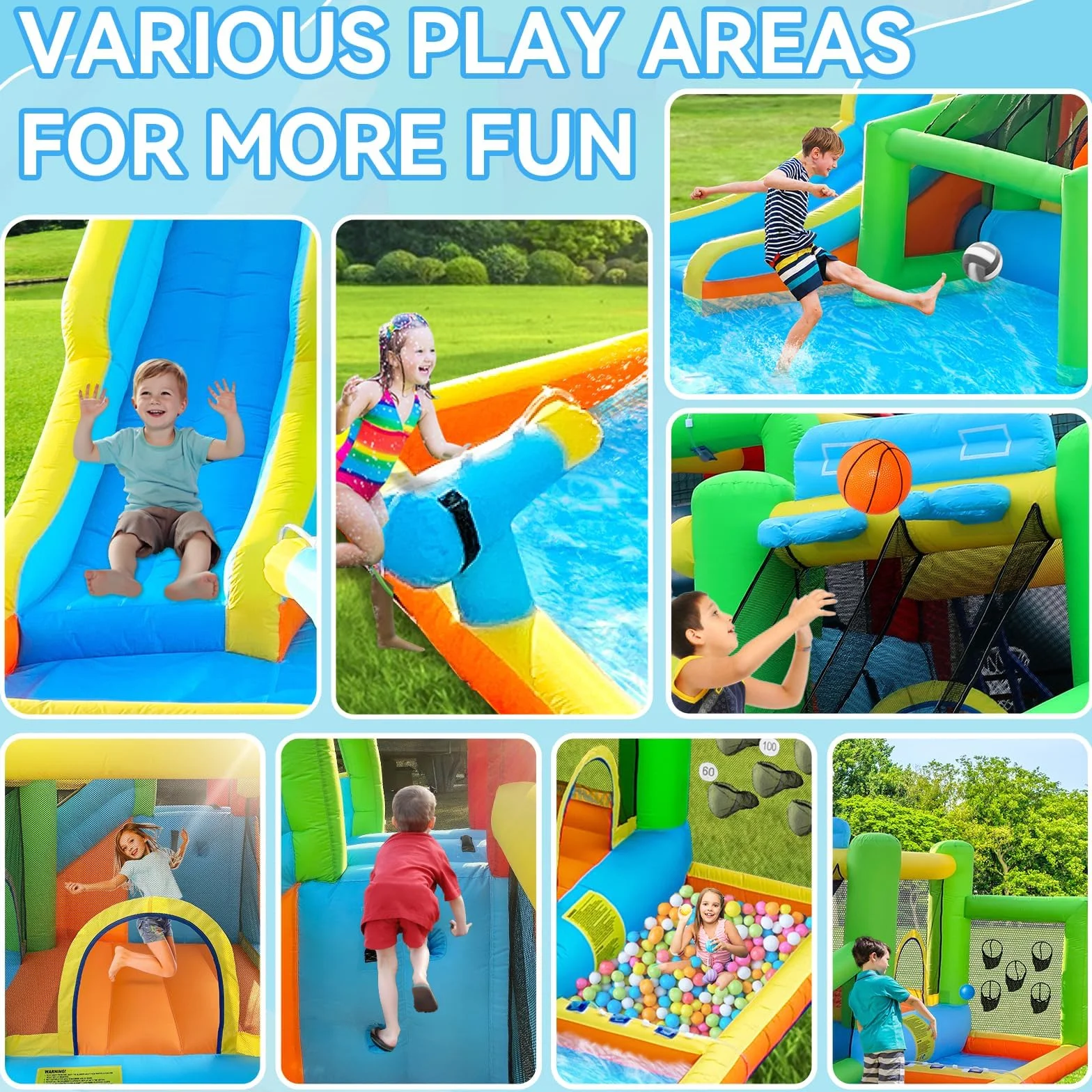 Castello Gonfiabile per Bambini, Parco Acquatico a Secco/Scivolo per Interno Outdoor, Castello Gonfiabile Gigante con Piscina Parete Arrampicata Trampolino, Fino a 4 bambini/140KG, 425 x 355 x 215 cm