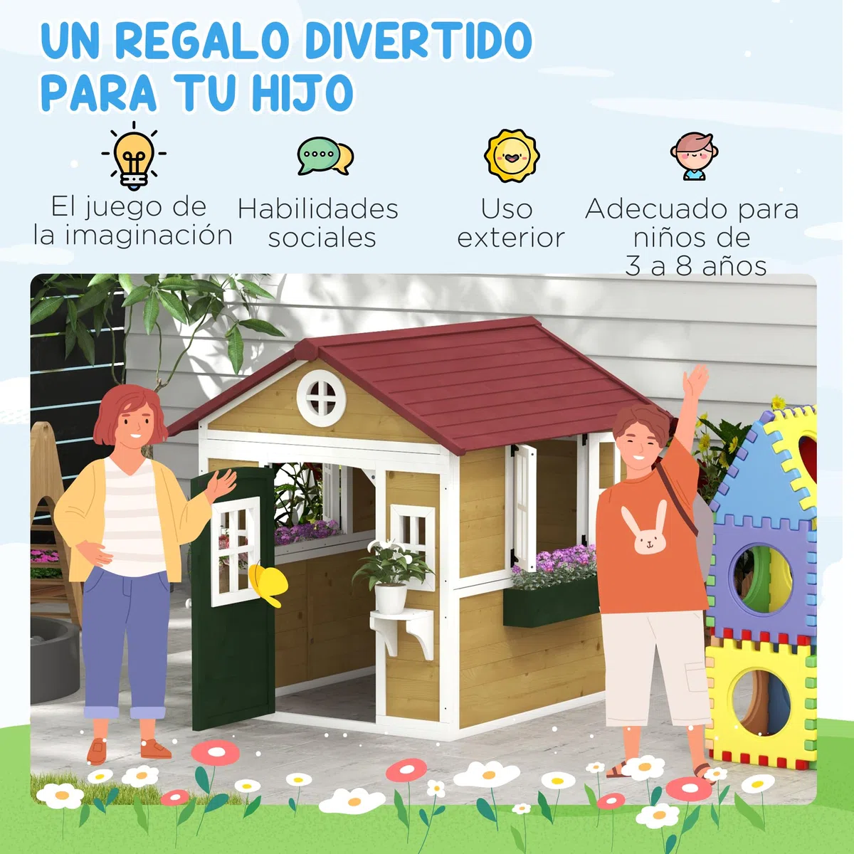 Outsunny Casetta da giardino in legno per bambini 114x126,4x135 cm