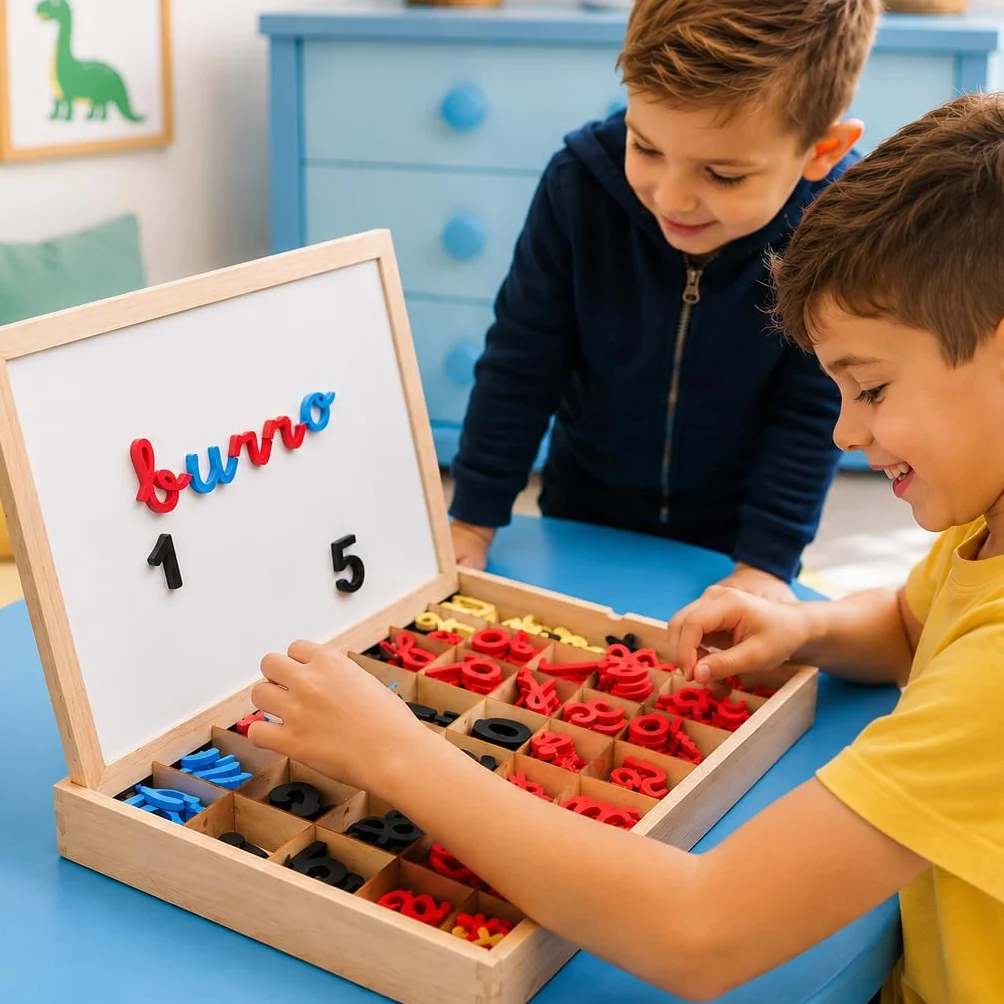 Lettere e numeri magnetici Montessori | Legato Cursive Mobile Legate. Maiuscole, minuscole e cifre in gomma EVA | Lavagna reversibile e scatola di legno | Gioco educativo Imparare a leggere e scrivere
