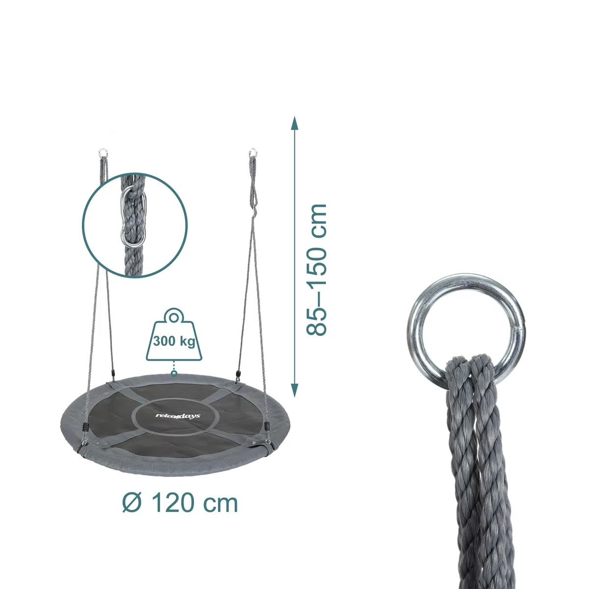 Relaxdays Altalena Nido XXL Rotonda, Regolabile, Fino a 300 kg, Outdoor, Ø 120 cm, Grigia