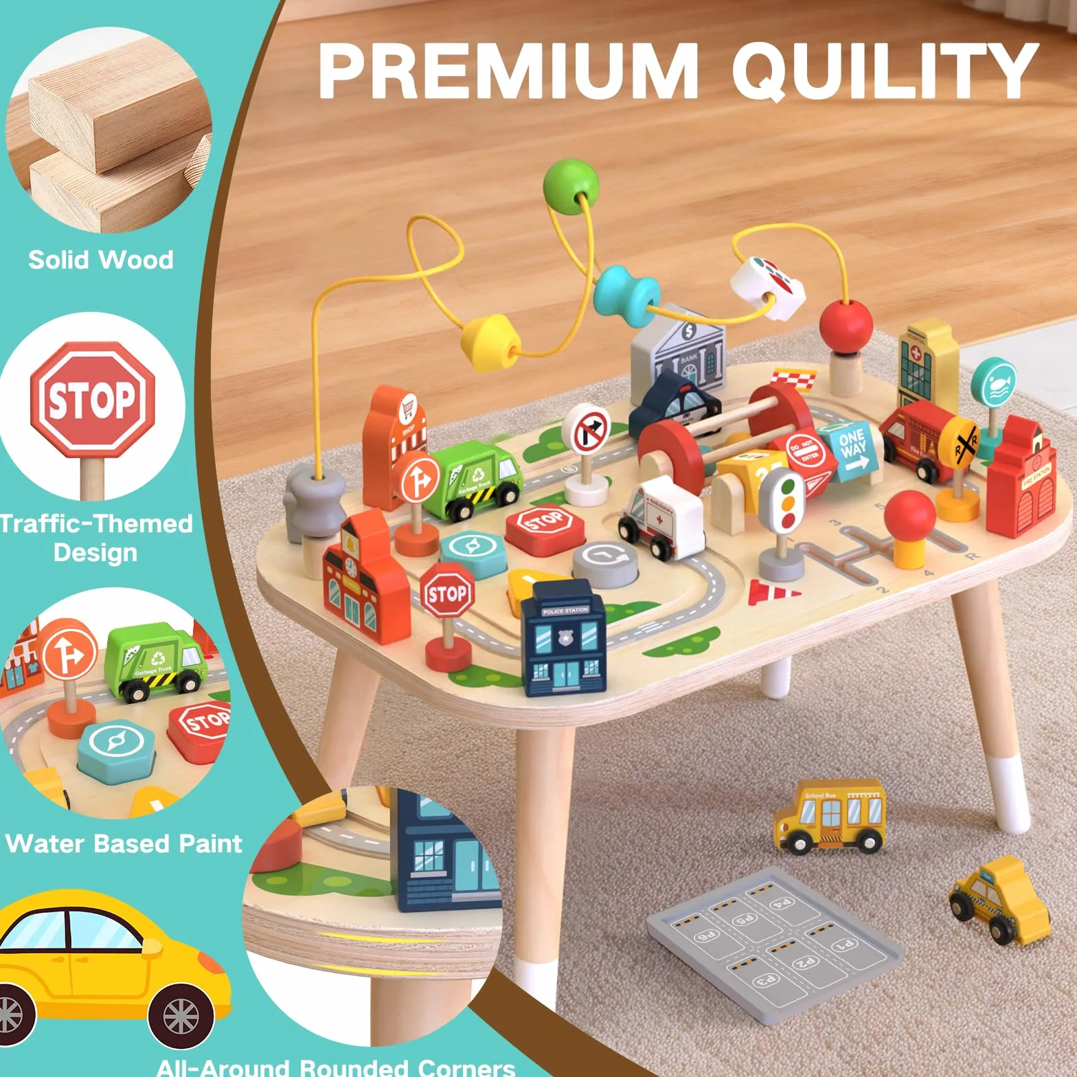 Weilim Tavolo attività in Legno per Bambini, Legno con Labirinto di Perline, sortatore di Forme e Pista del Trenino, Centro educativo sensoriale (Auto)