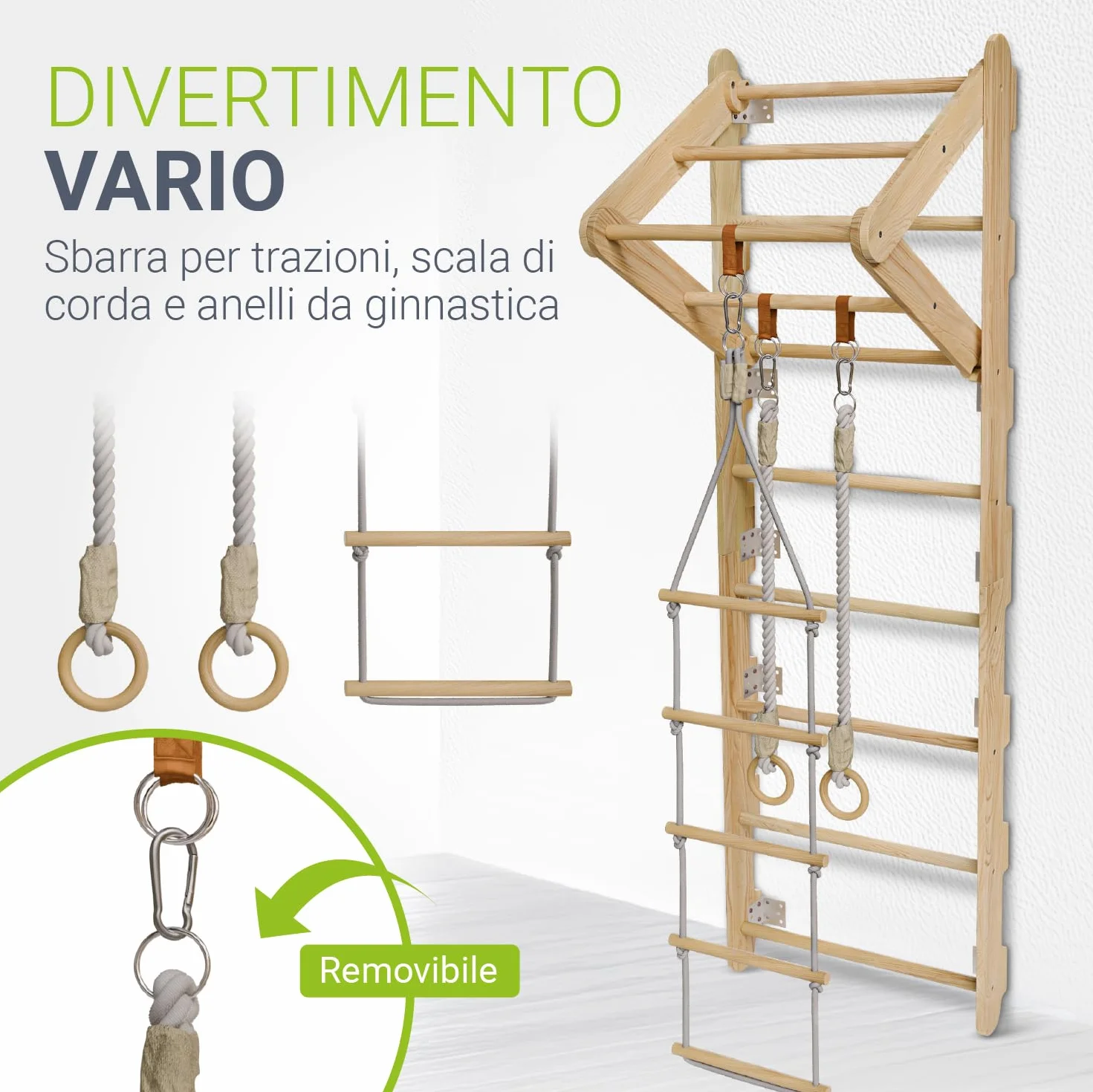 Juskys spalliera per bambini - con barra di trazione, struttura di arrampicata per interni con anelli ginnici e scala di corda, parete di arrampicata per la stanza dei bambini, barra ginnica