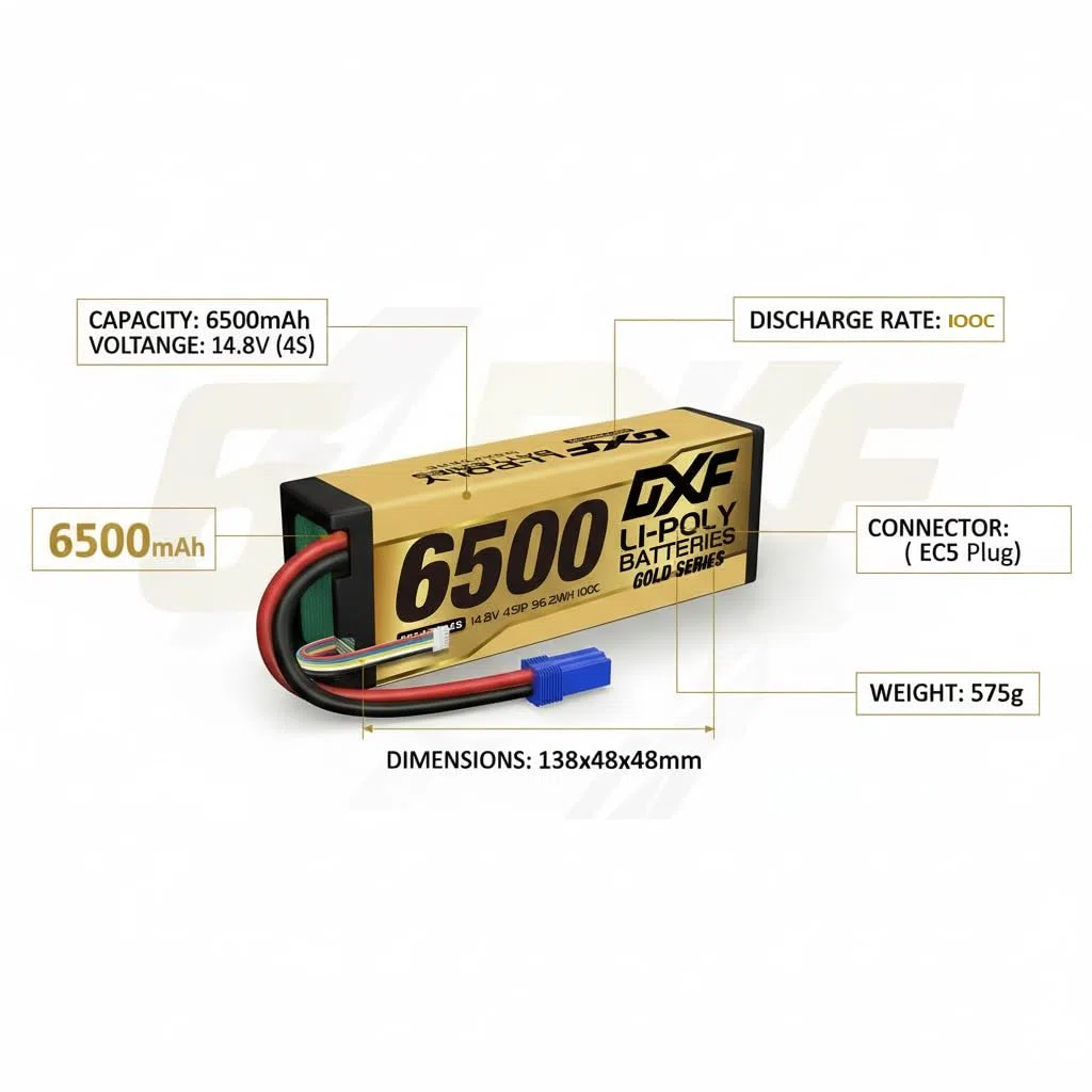DXF Batteria LiPo 4S 6500mAh 100C 14.8V Presa EC5 Set di 2 custodie rigide per auto RC 1/8 1/10 Camion Buggy Truggy Corsa Hobby ad alta scarica ricaricabile ai polimeri di litio