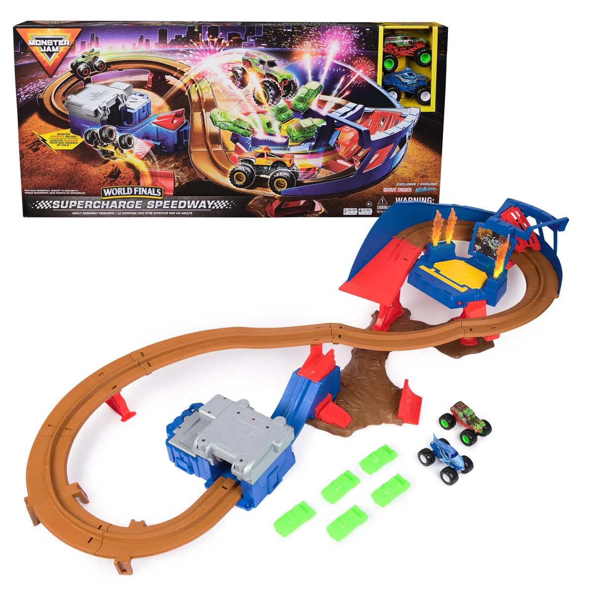 Monster Jam Set Gioco Supercharge Speedway Pista Illuminata World Finals Monster Truck Die-Cast Megalodon El Toro Loco Scala 1:64