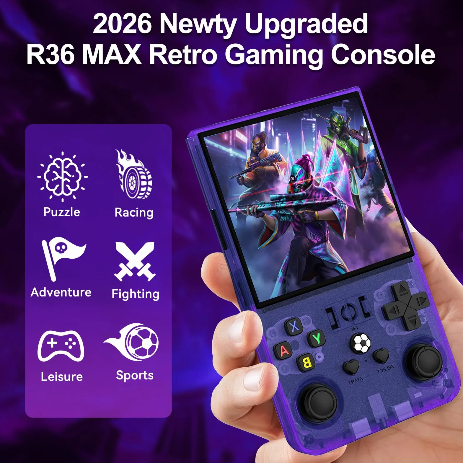 R36MAX - Console da gioco retrò, schermo IPS da 4,0 pollici, memoria 128 GB, 22.000 giochi preinstallati, batteria da 4000 mAh, console portatile per bambini - Viola