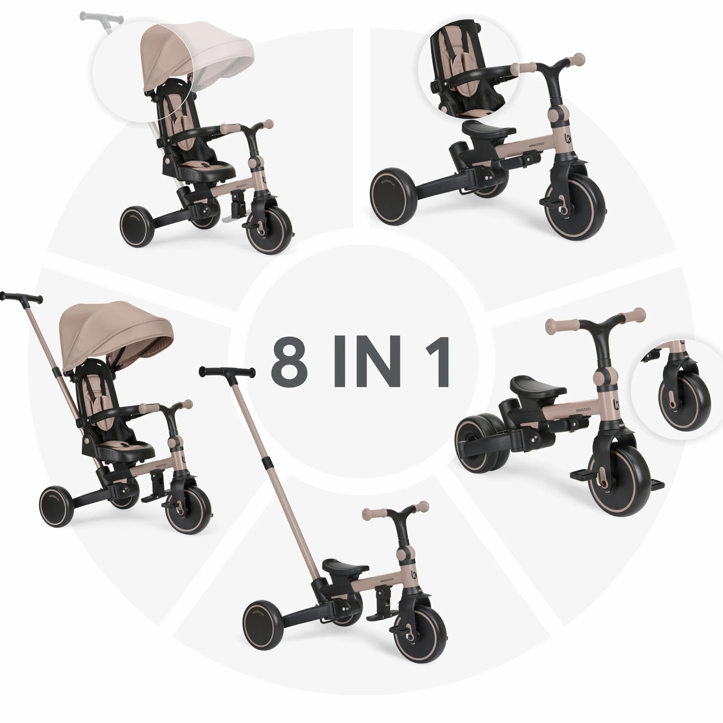 KikkaBoo Triciclo Evolutivo 8 in 1 ALUMA, da 12 Mesi a 5 Anni, Triciclo Passeggino Pieghevole con Maniglione per Genitori, Beige