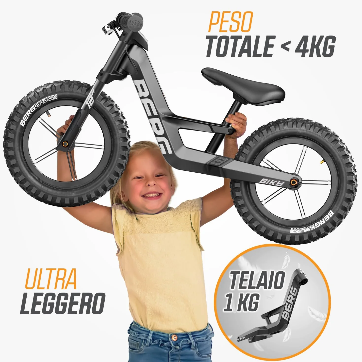 Berg Biky Cross, bicicletta nera con freno a mano a partire dai 2 anni, pneumatici, telaio leggero in magnesio, veicolo antiscivolo da 12 pollici, bicicletta per bambini ragazzi e ragazze, sella