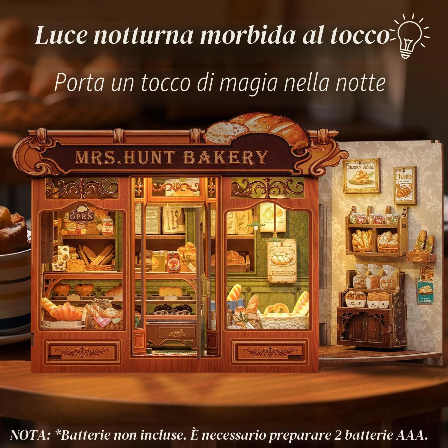 Cutefun DIY Case delle bambole Book Nook Model Kit, Reggilibri Scaffale Inserto Decorazione con Luce LED,Kit di Costruzione di Modellini in Legno per (MRS.HUNT BAKERY)