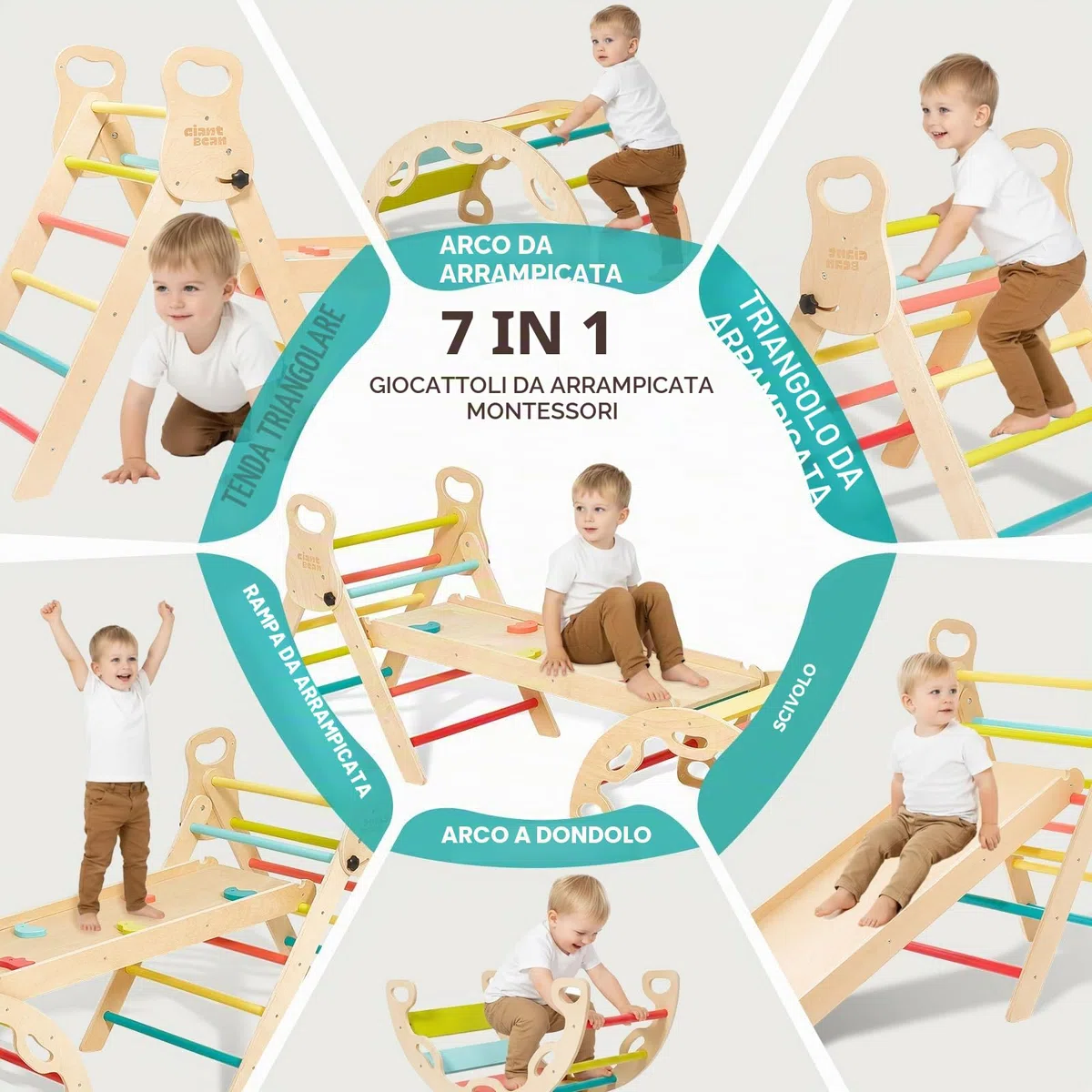 Giant bean Trianglello per Arrampicata Montessori 5 in 1 con Arco da Scalata e Scivolo, Struttura in Legno per Bambini 2-5 Anni