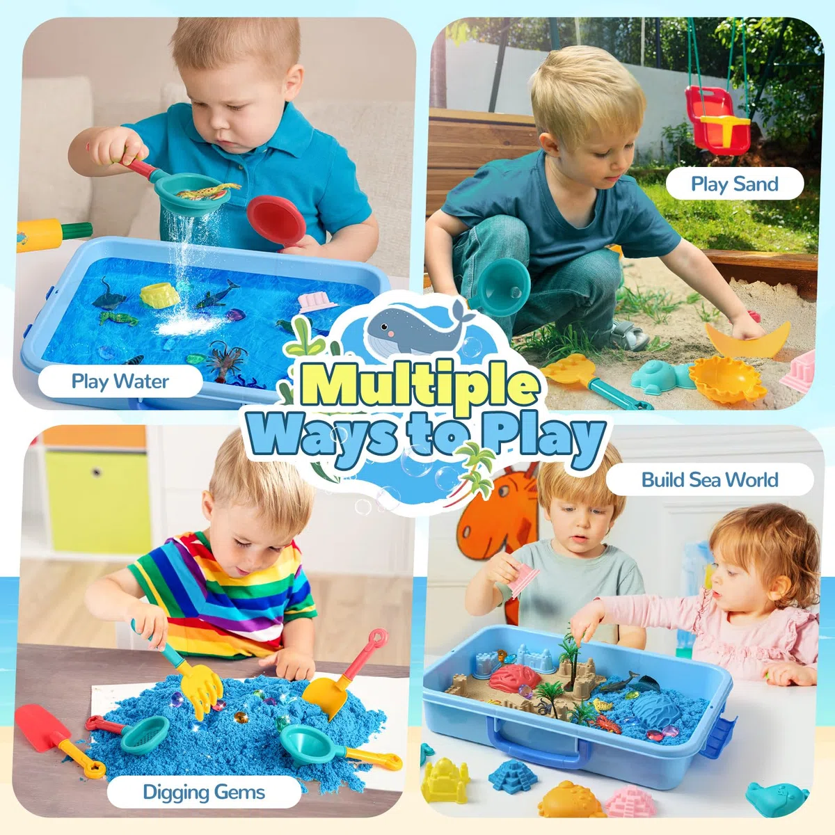 FRUSE Sabbia Giocattolo per Bambini, Kit di Sabbiera con 1 kg Sabbia Magica, Animali Marini, Stampi di Sabbiera, Giocattoli Sensoriali
