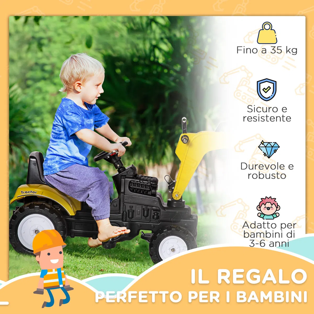 HOMCOM Ruspa Giocattolo Cavalcabile a Pedali per Bambini 3-6 Anni, Escavatore con 4 Ruote, Acciaio e Plastica, 107x42x71 cm, Giallo