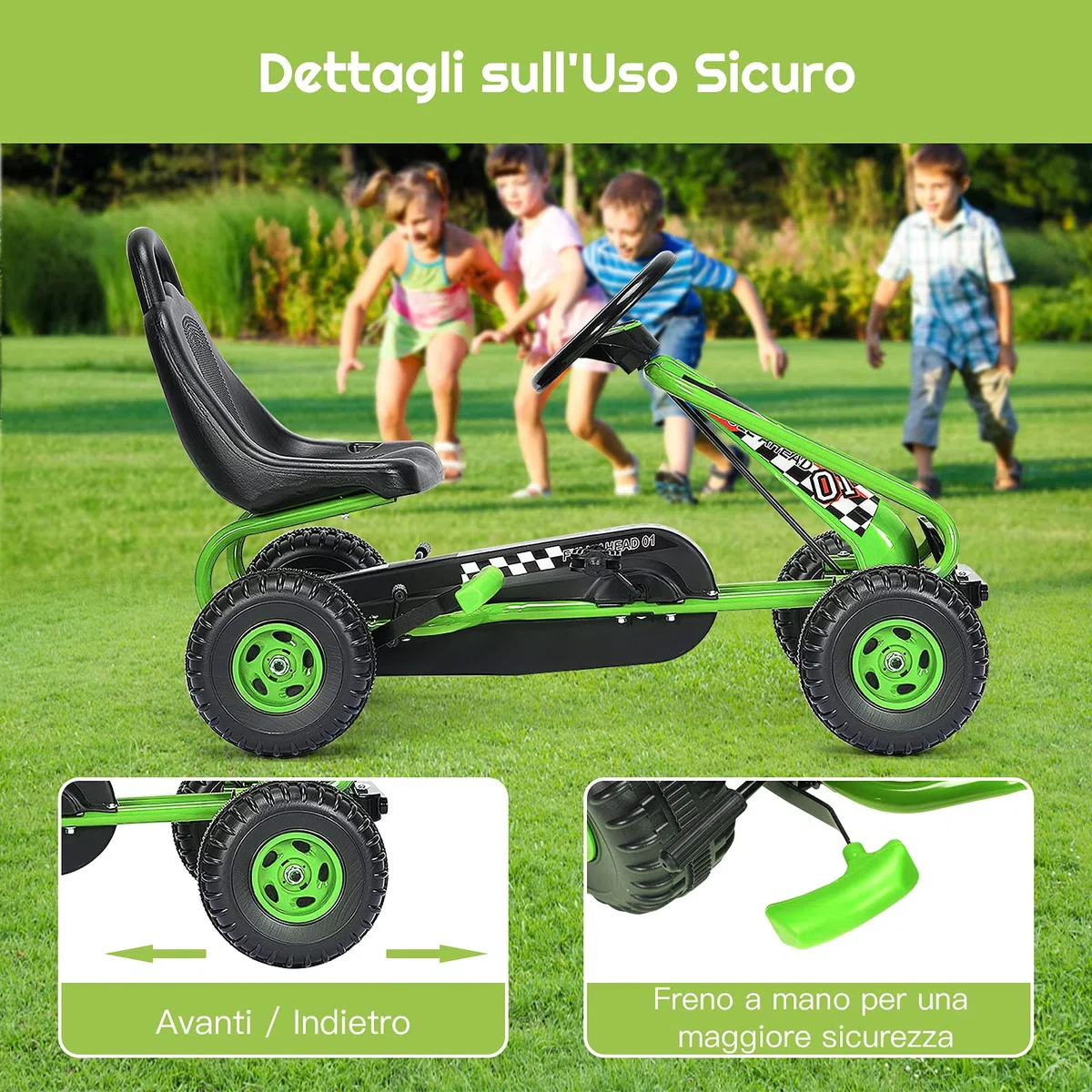 Go Kart dla Dzieci RELAX4LIFE 4 Koła, Fotelik Regulowany, Hamulec Ręczny, Zielony