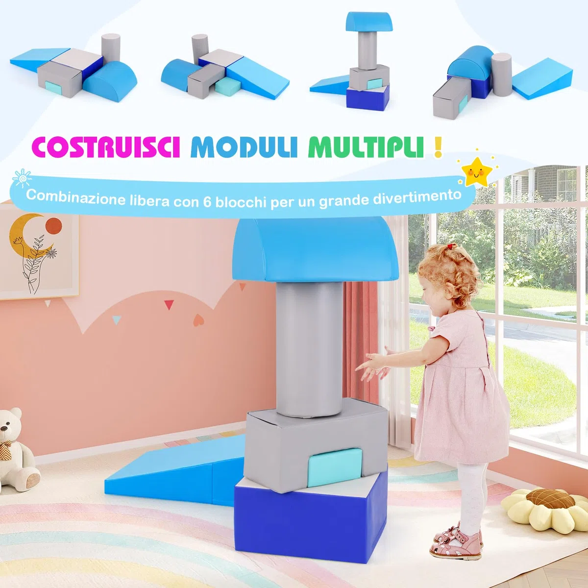 RELAX4LIFE Set di 6 Blocchi per Bambini in Schiuma Morbida, Centro di Attività (Blu)
