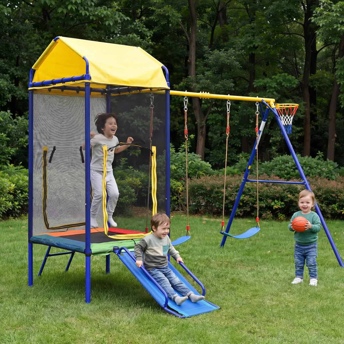 BTM Altalena da Giardino per Bambini Giochi da Giardino per Bambini Esterno con Trampolino, Altalena, Scivolo e Canestro da Basket