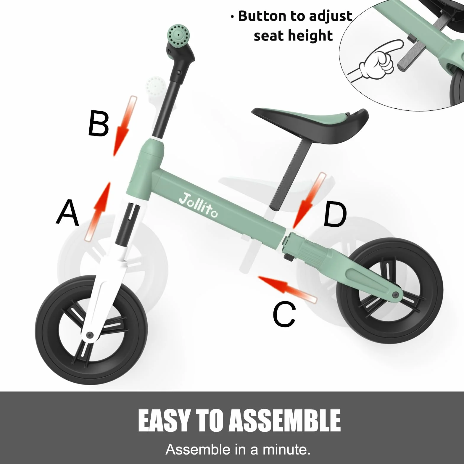 JOLLITO Baby Balance Bike, Giocattoli per bambini in bicicletta per 18-48 mesi di età Ragazza e ragazzo regali, Leggero senza pedali Training Bike, ruota da 9 pollici e telaio in alluminio