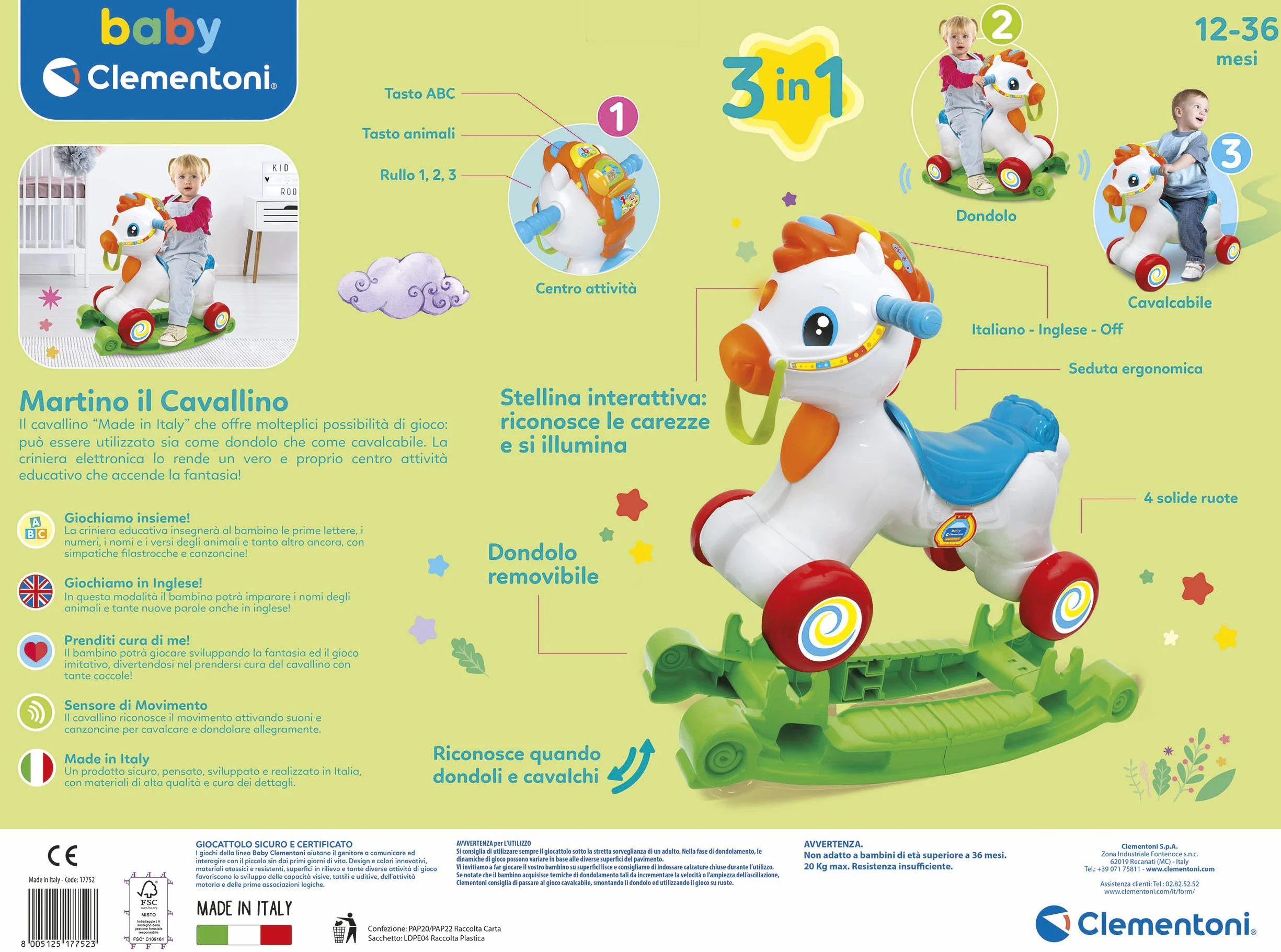 Clementoni - 17752 - Martino Il Cavallino - Ride On Educativo, Parlante In Italiano E Inglese, 3 In 1 (Cavalcabile, Centro Attività, Dondolo), Primi Passi, Gioco Bimbo 1 Anno - Made In Italy