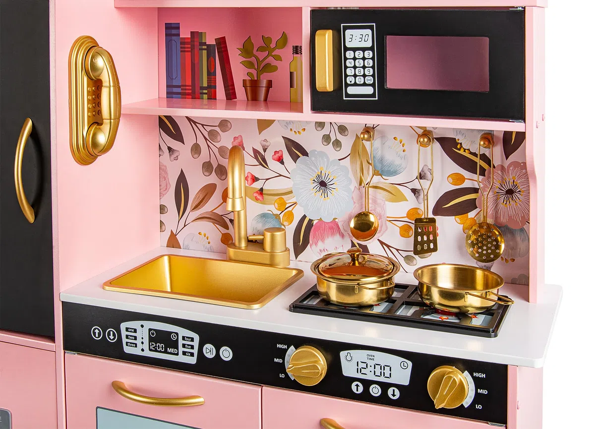 Leomark Cucina in legno per bambini MEMO PINK con tanti funzioni Ideale gioco per avventure culinarie creative per i piccoli chef impara ad preparare primi secondi e dolci Dimensioni 83x24x80 cm.