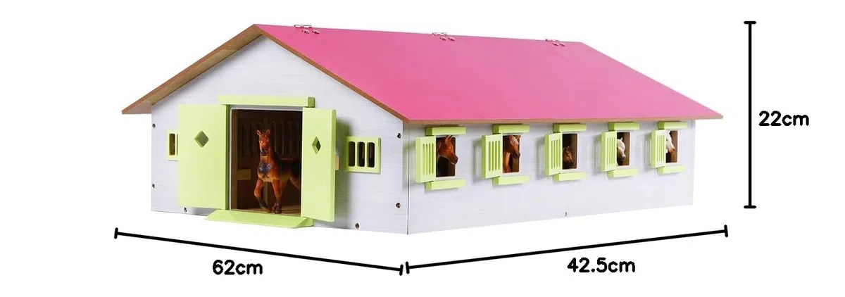 Van Manen Kids Globe Farming 610188 - Fattoria in Legno con 9 Box per Cavalli, con Tetto Pieghevole, Colore: Rosa