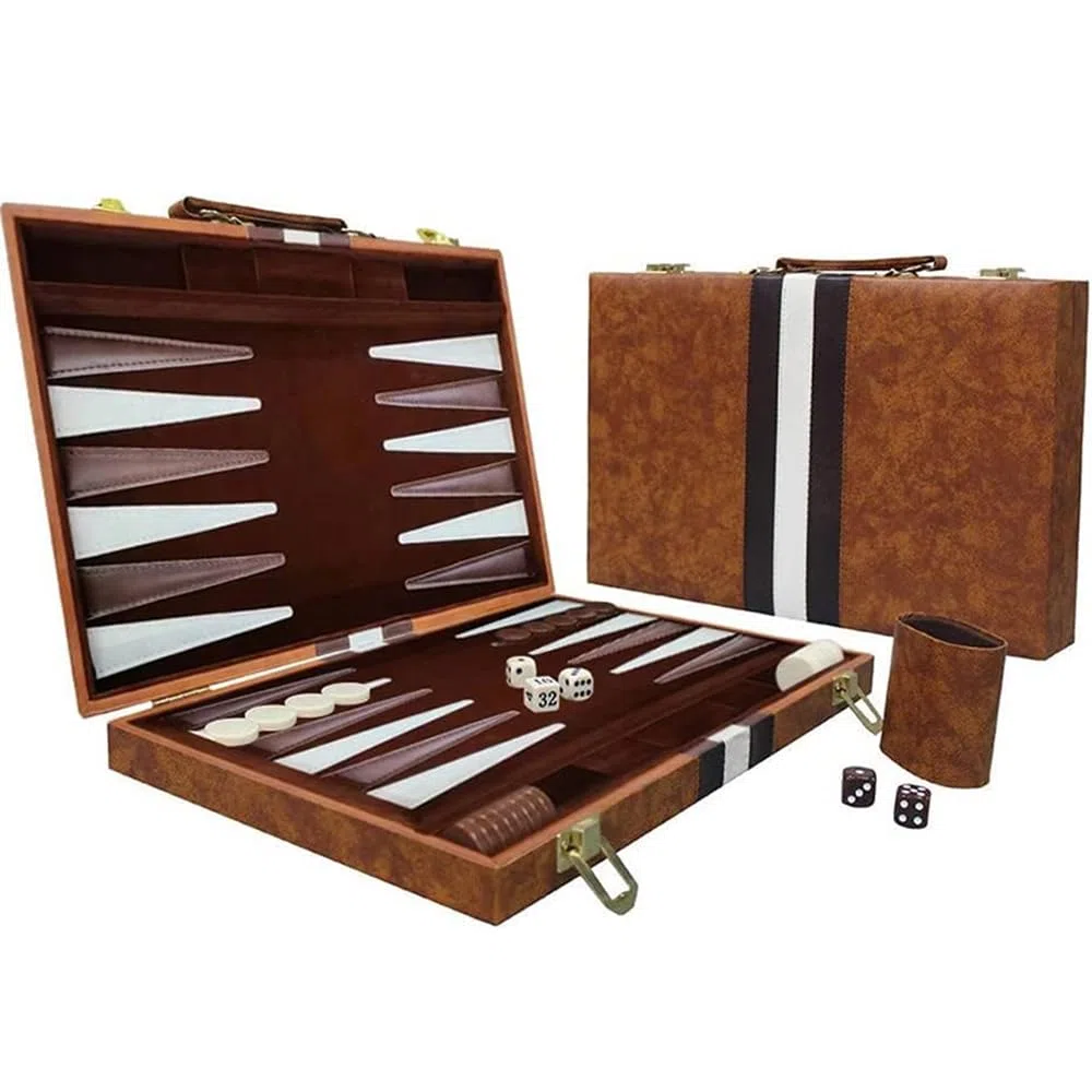 Backgammon Legno Set - Gioco da Tavolo Con Custodia in Pelle, Coppa per Dadi, Portatile e da Viaggio, 15 Pollici