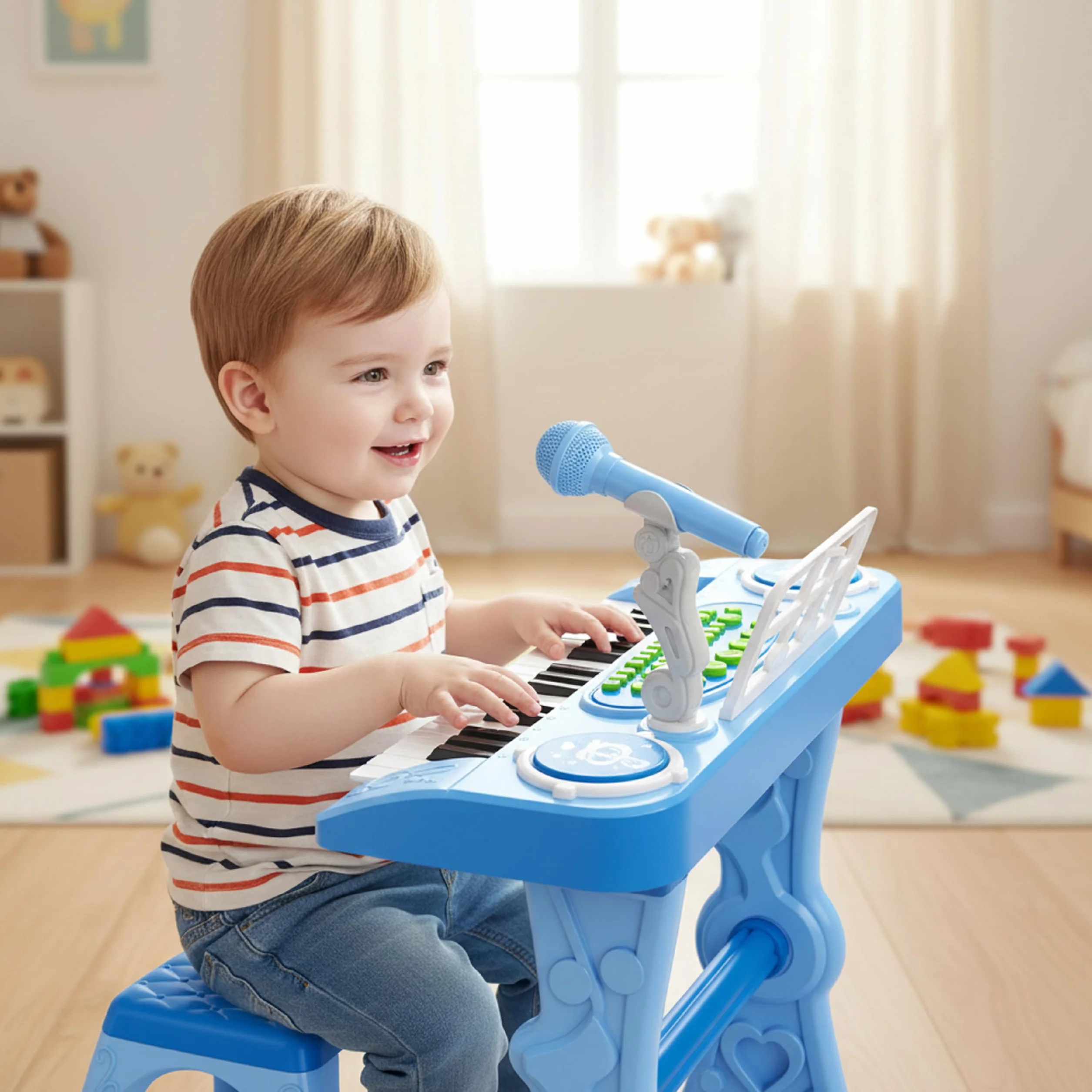 Baroni Toys Tastiera Elettronica con Sgabello per Bambini 3+ Anni con Microfono, Pianola Musicale con Melodie e Suoni Educativi, Tastiera 37 Tasti con Sedia Azzurra, 48x20x53cm