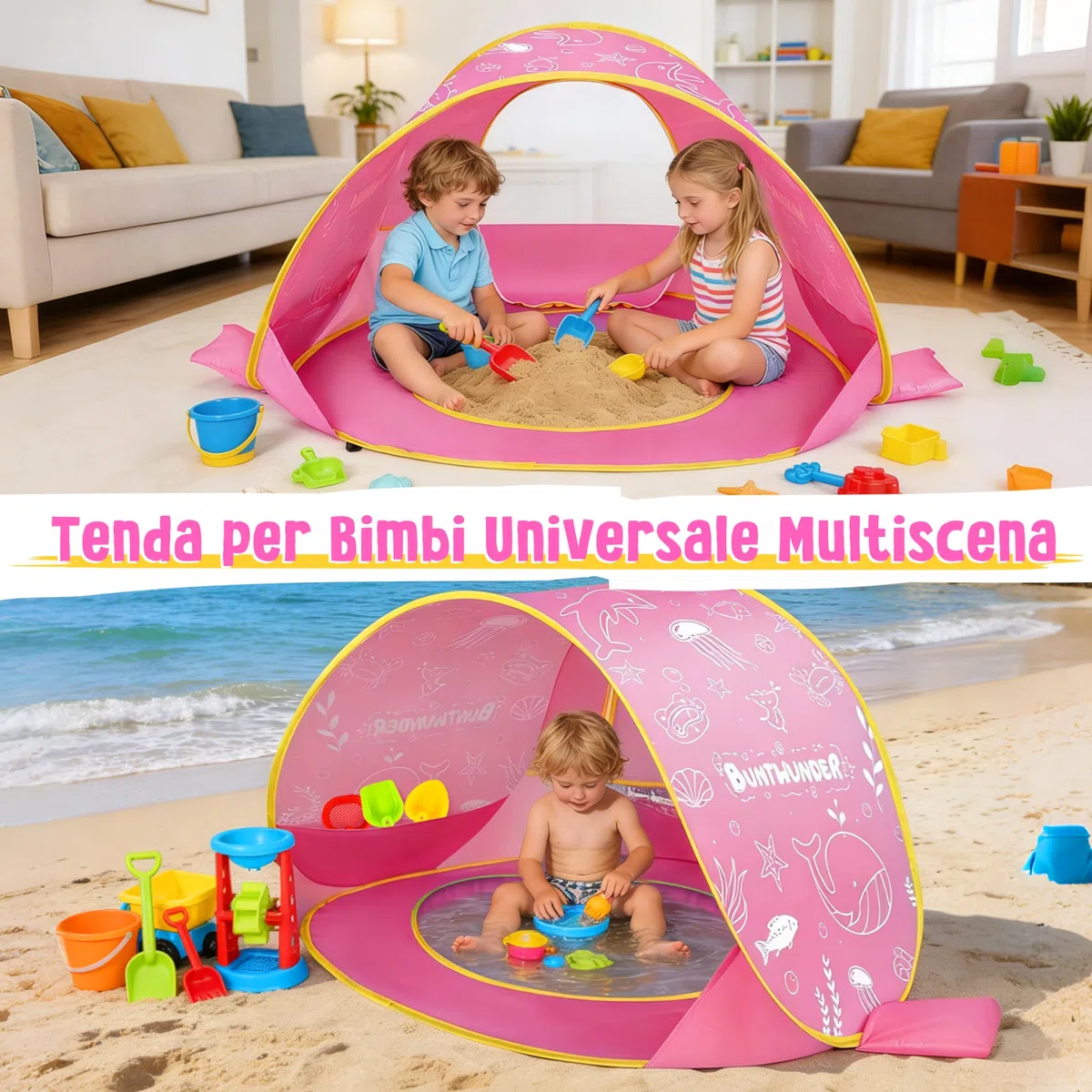 Tenda da Spiaggia Bambini Pop-Up con Mini Piscina, Protezione Solare UPF 50+, Portatile (Rosa)